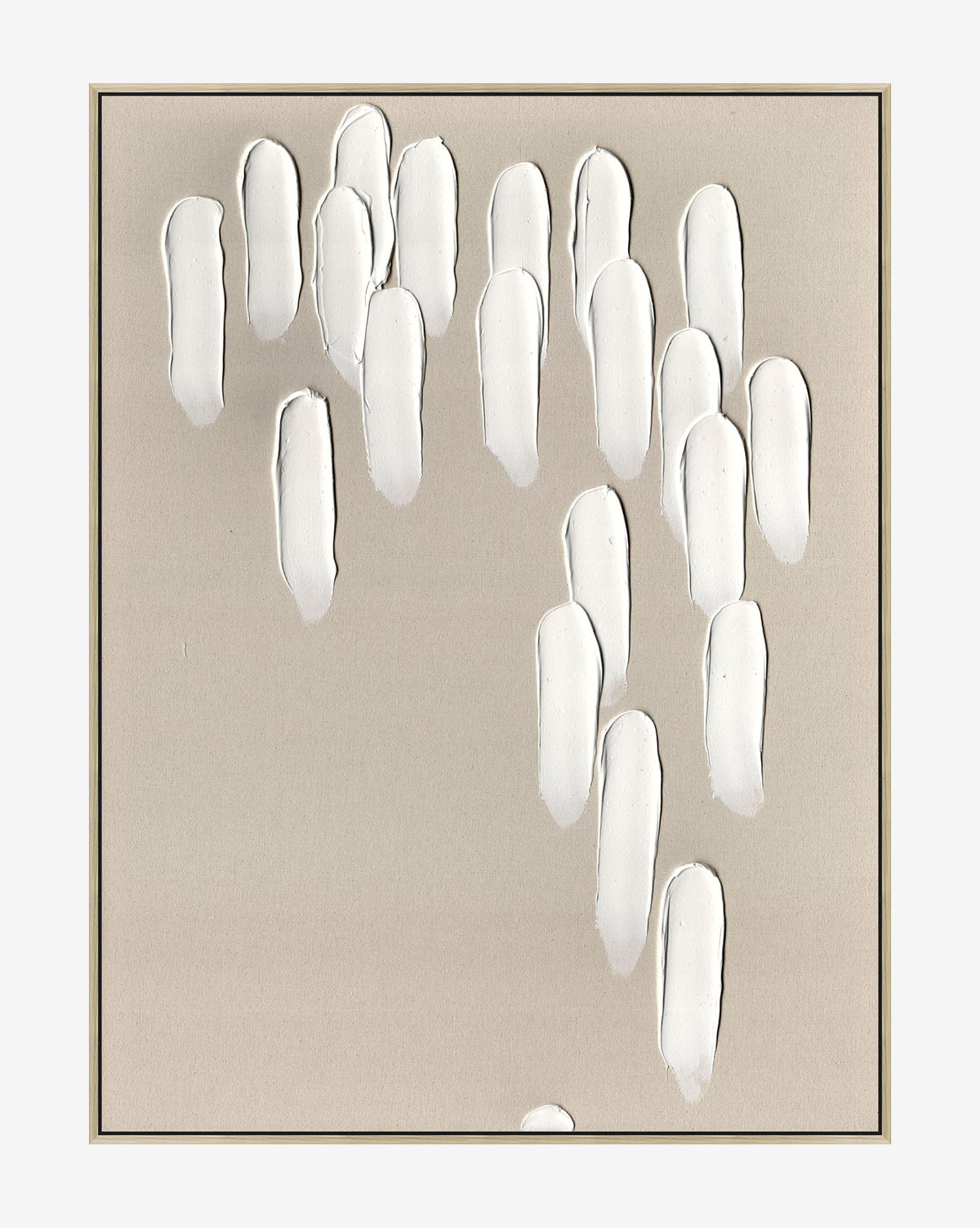 Neutral Cascade I is a minimalist, hand-painted wall art with a beige background and vertical white strokes clustered at the top and right, evoking abstract finger shapes—ideal for fans of neutral palette décor.