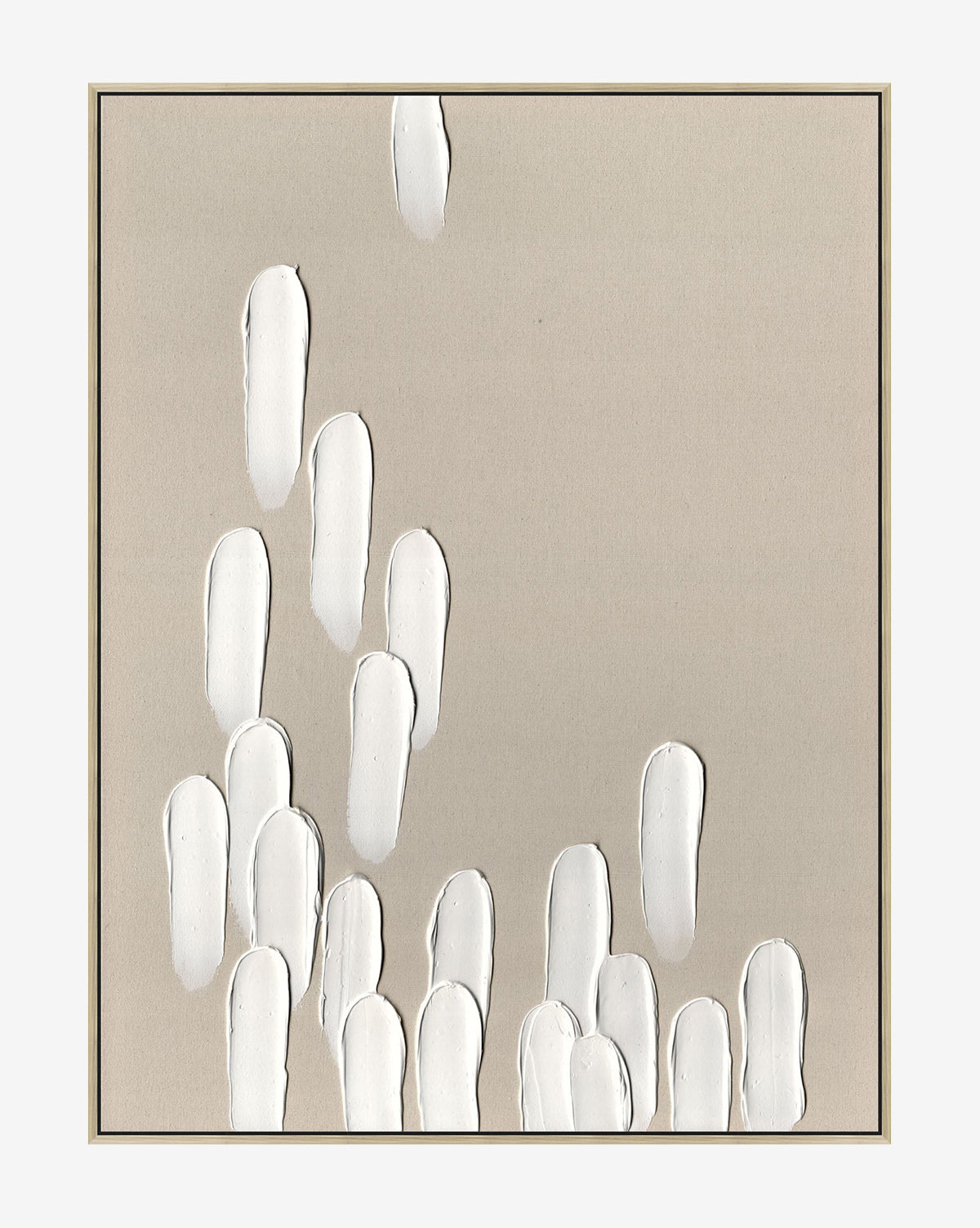 Neutral Cascade II: A minimalist abstract painting with vertical, elongated white brushstrokes clustered at the bottom on a beige background, hand-painted wall art framed by a thin black border.