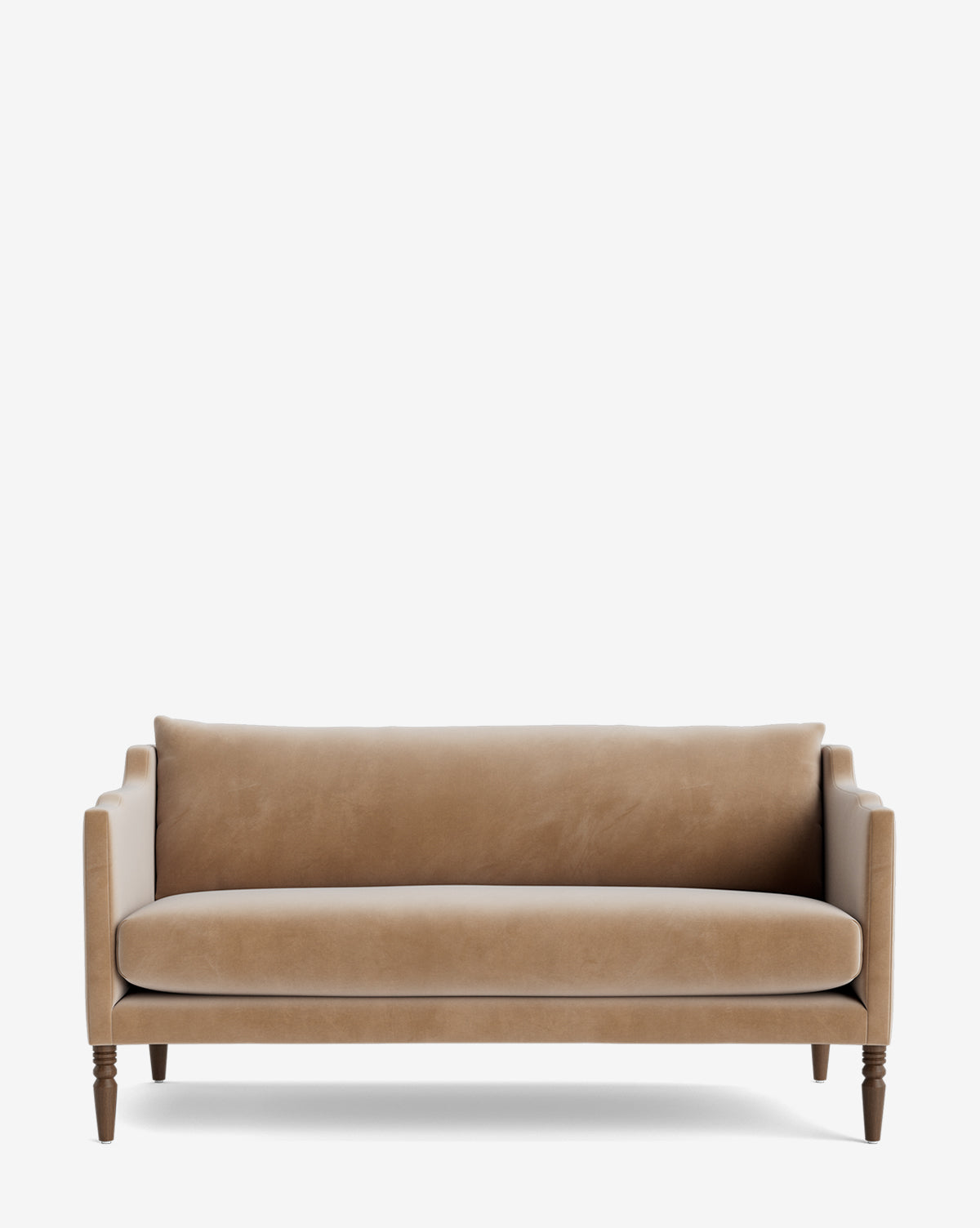 The Makerspalm Gemma Settee 65 is a modern tan velvet sofa with straight arms, a single seat and back cushion, and four dark wooden legs, shown against a white background. McGee & Co.