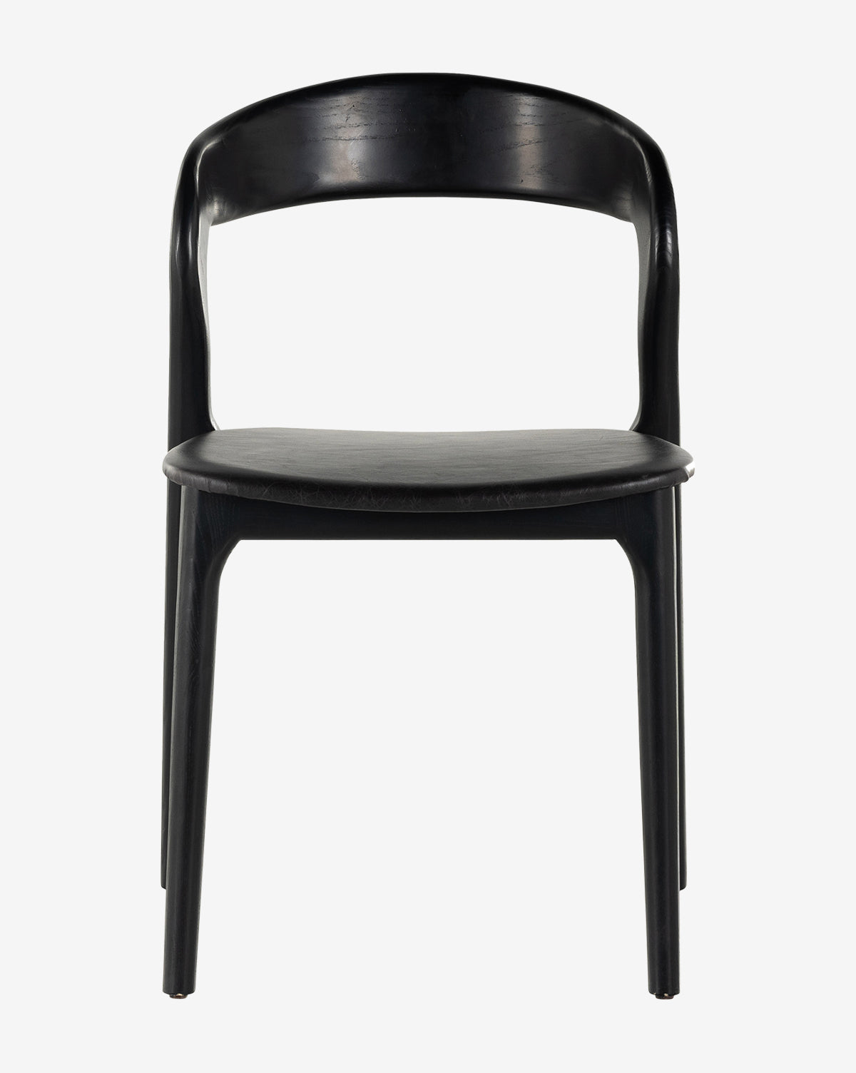 The Lucinda Dining Chair is a black wooden seat with a curved backrest and four straight legs, showcasing Scandinavian design, displayed front-facing against a plain white background, by McGee & Co.
