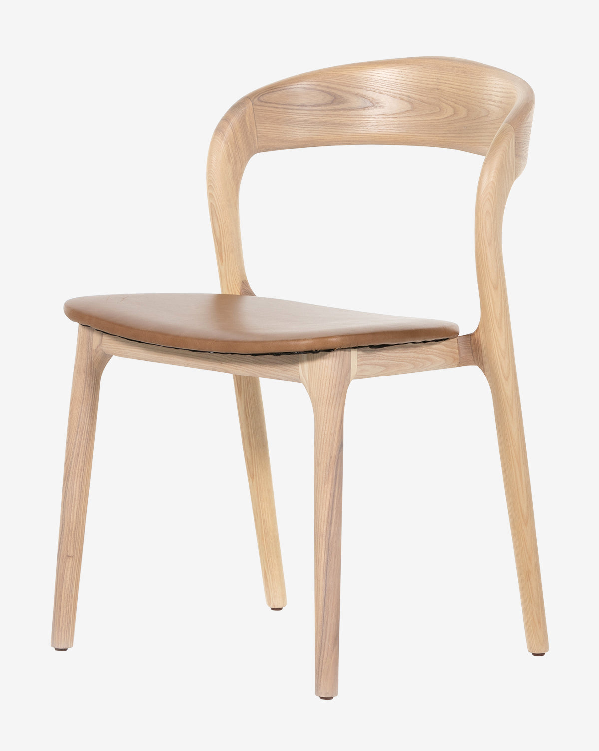 The Lucinda Dining Chair features a curved backrest, light brown seat cushion, smooth minimalist lines, Scandinavian design elements, and a natural wood finish, by McGee & Co.