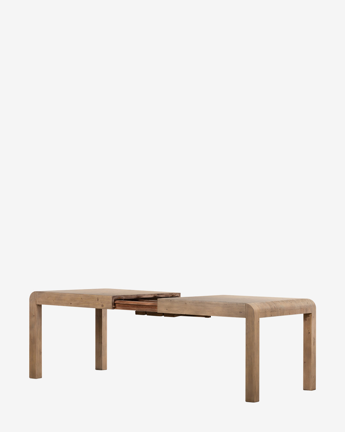 The Elisha Extension Dining Table features a rectangular shape with rounded edges and legs, a central butterfly leaf, natural wood finish, and a minimalist modern design, by McGee & Co.