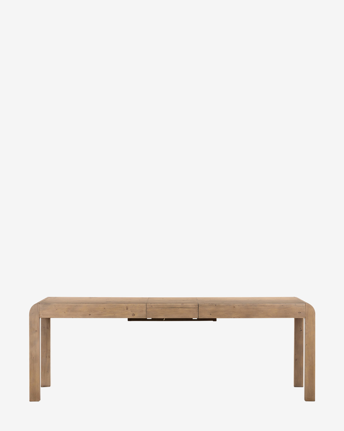 The Elisha Extension Dining Table is a rectangular reclaimed wood table with rounded corners and legs, a central seam, and a butterfly leaf extension in the middle, displayed against a plain white background by McGee & Co.