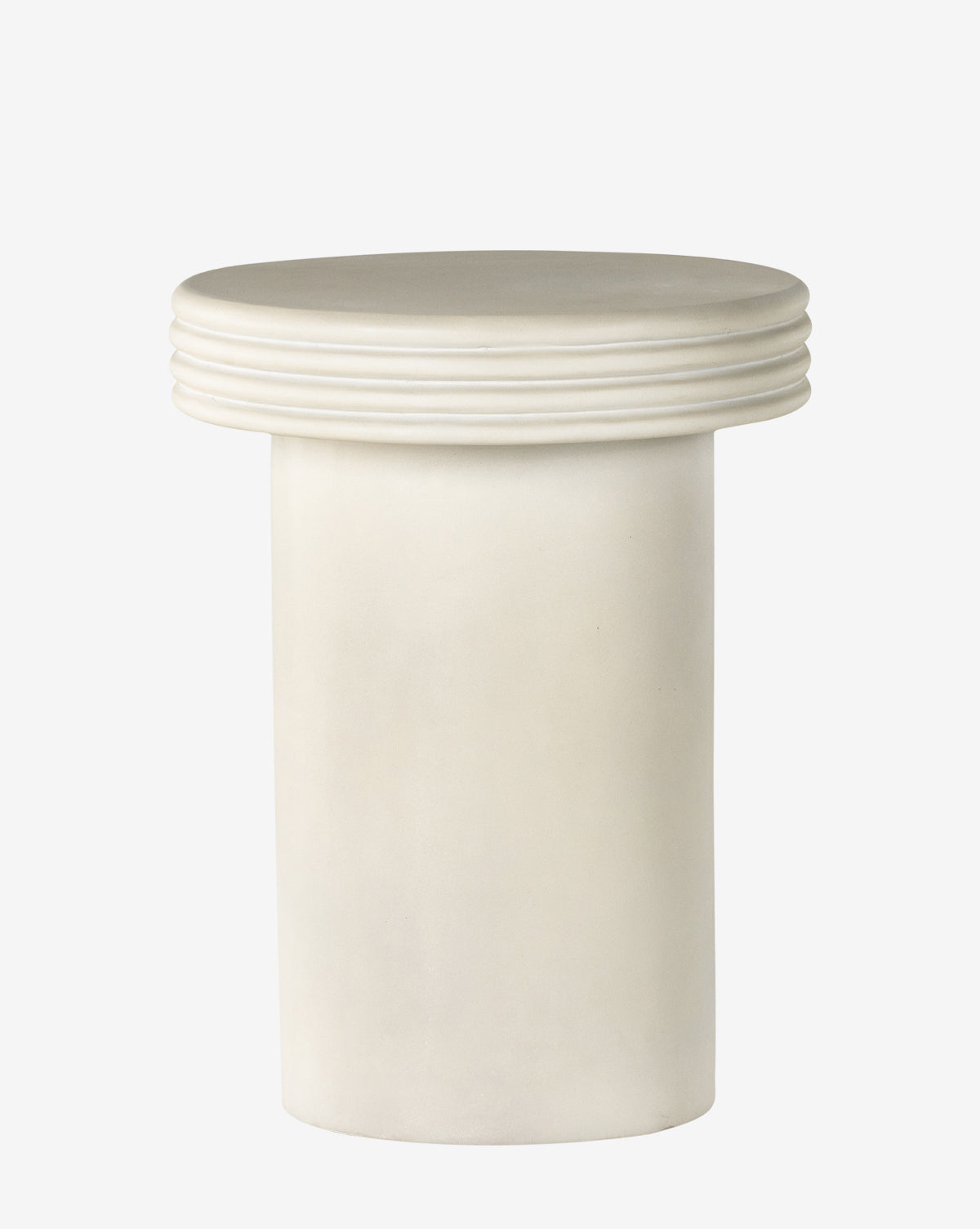 The Riah End Table is a modern, minimalist piece in white with a cylindrical base and a round, flat top adorned by three subtle horizontal grooves near the edge, by McGee & Co.