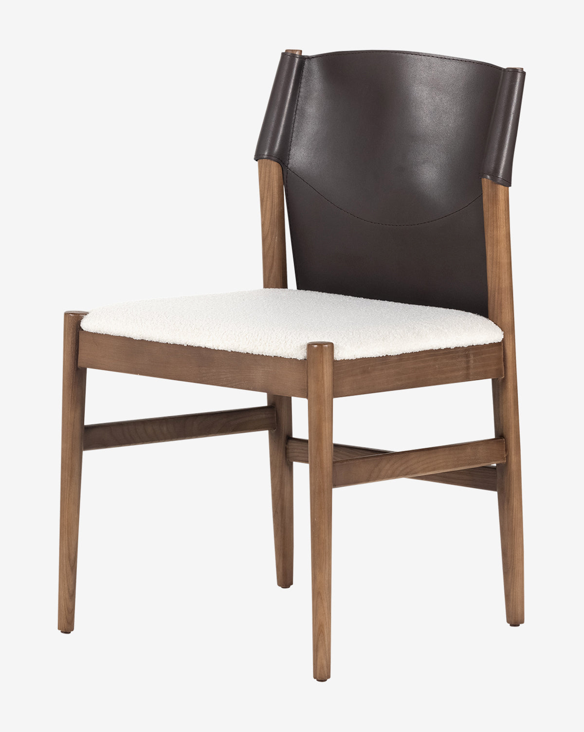 The Kelby Dining Chair, shown on a white background, features angled ash wood legs, an espresso leather backrest, and a cushioned white seat, by McGee & Co.