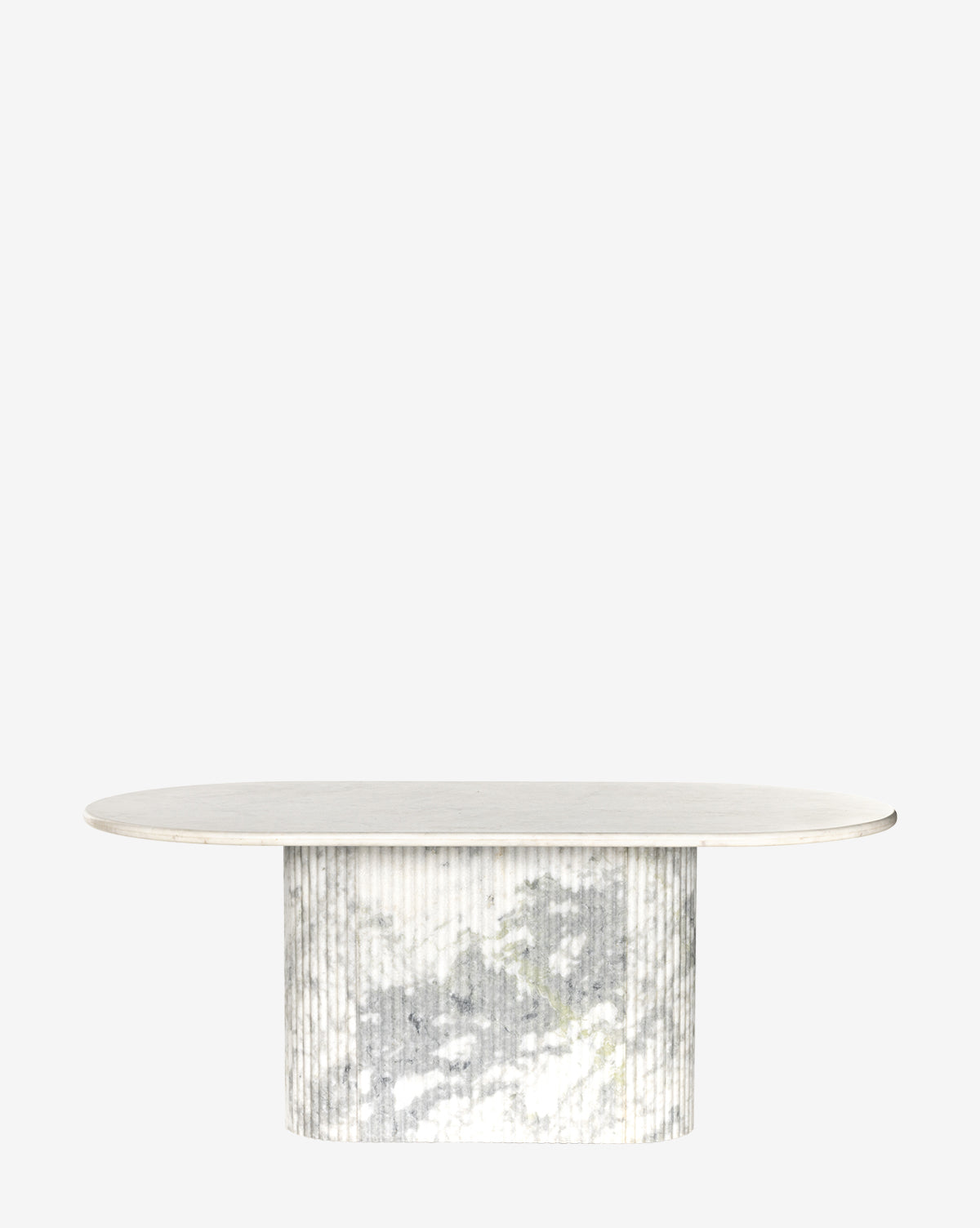 The Patrick Dining Table features a modern rectangular white marble top with rounded edges and a textured cylindrical marble base, inspired by Italian design, shown against a plain white background by McGee & Co.