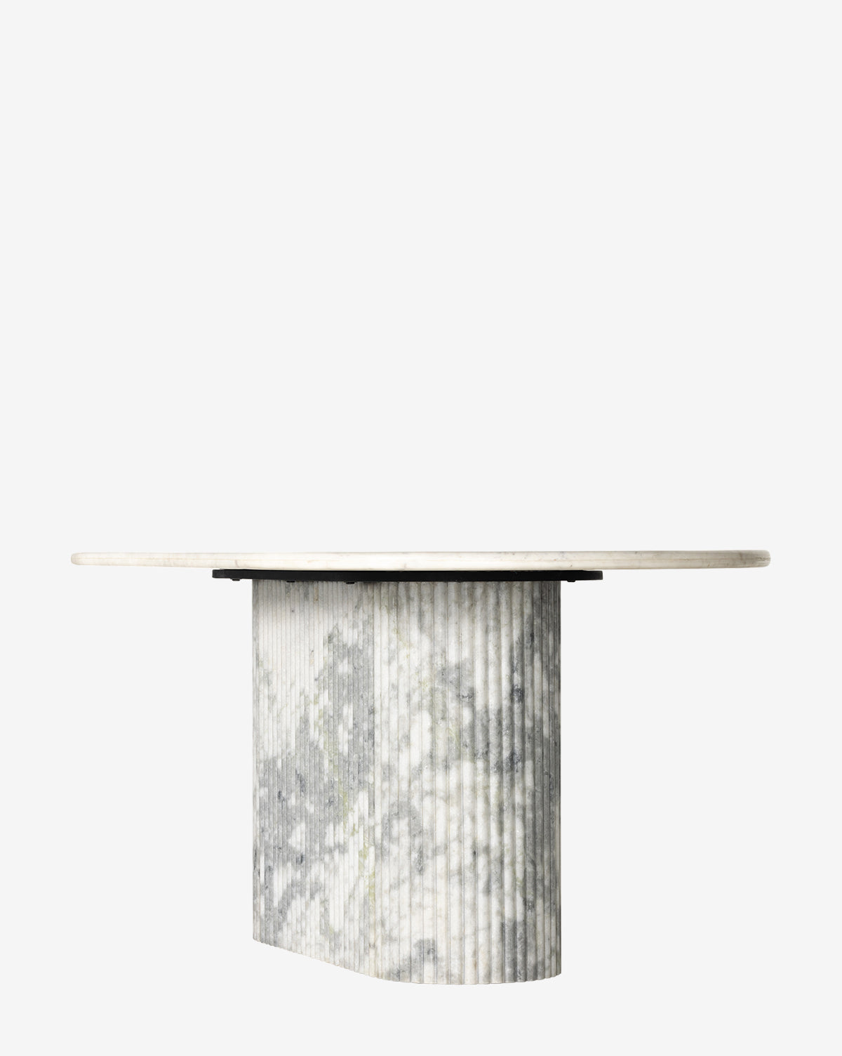 The Patrick Dining Table showcases a modern Italian design with a round, light marble top and a cylindrical ribbed marble base, set against a plain white background by McGee & Co.