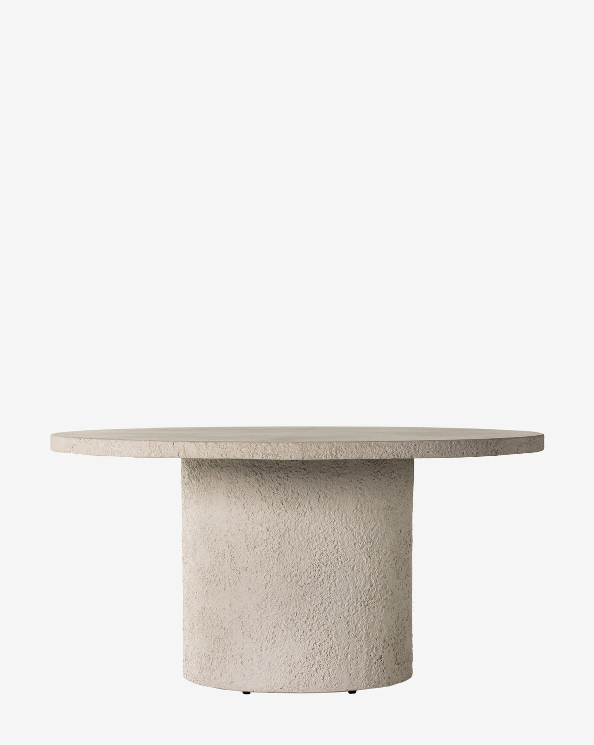 The Atalanta Outdoor Dining Table features a round, light gray concrete top with a thick cylindrical base and textured finish, shown against a plain white background—an ideal modern piece for outdoor dining spaces, by McGee & Co.