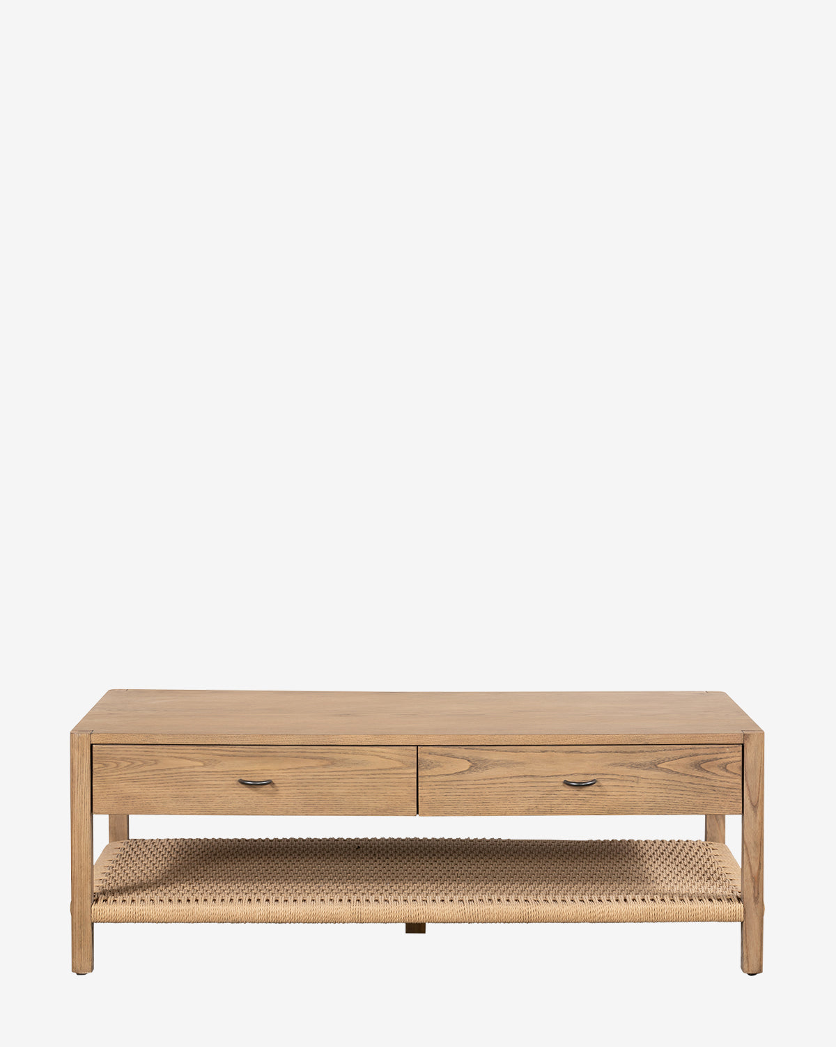 The Haran Coffee Table is a solid ash rectangular coffee table with two drawers, metal handles, a woven paper cord shelf, and a natural wood finish that highlights its simple modern design, by McGee & Co.