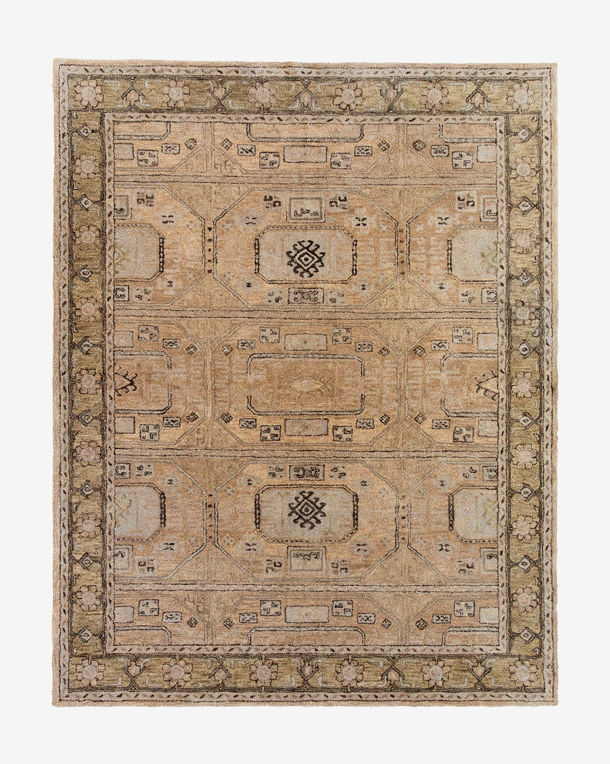 The Ellington Fawn Hand-Tufted Wool Rug is rectangular and features an intricate geometric and floral pattern in beige, tan, and olive green with a detailed border and symmetrical central motifs, by McGee & Co.