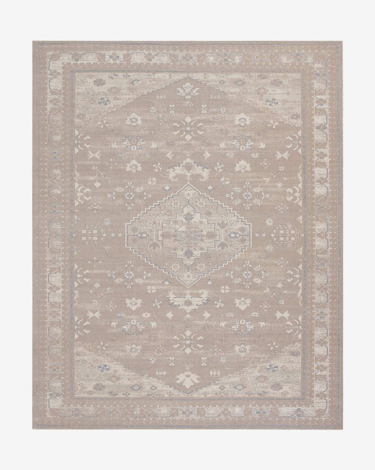 The Zaragoza Hand-Tufted Wool Rug is a rectangular wool rug in muted beige and light gray, featuring a central medallion, geometric and floral motifs, and a decorative border for a subtle, traditional look, by McGee & Co.
