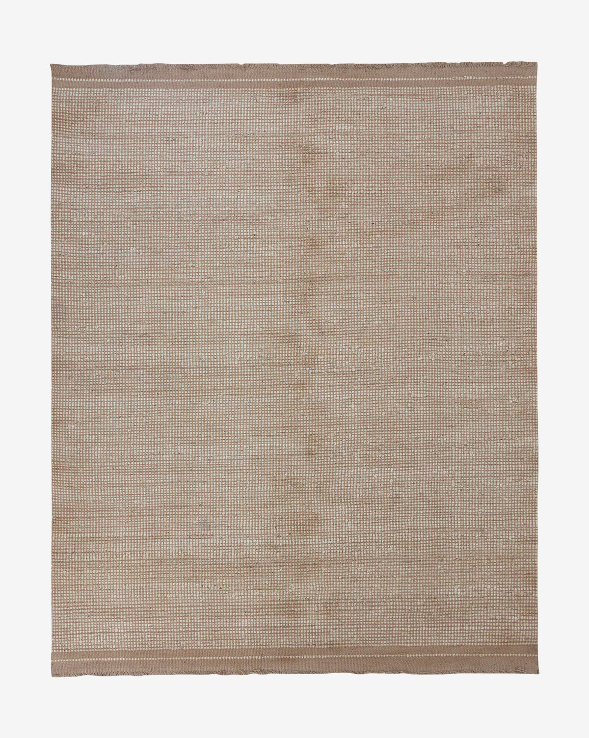 The Girona Natural Handwoven Jute Rug is a rectangular beige rug with a subtle grid pattern and stitched borders. Its handwoven, slightly uneven texture adds rustic charm to any space, by McGee & Co.