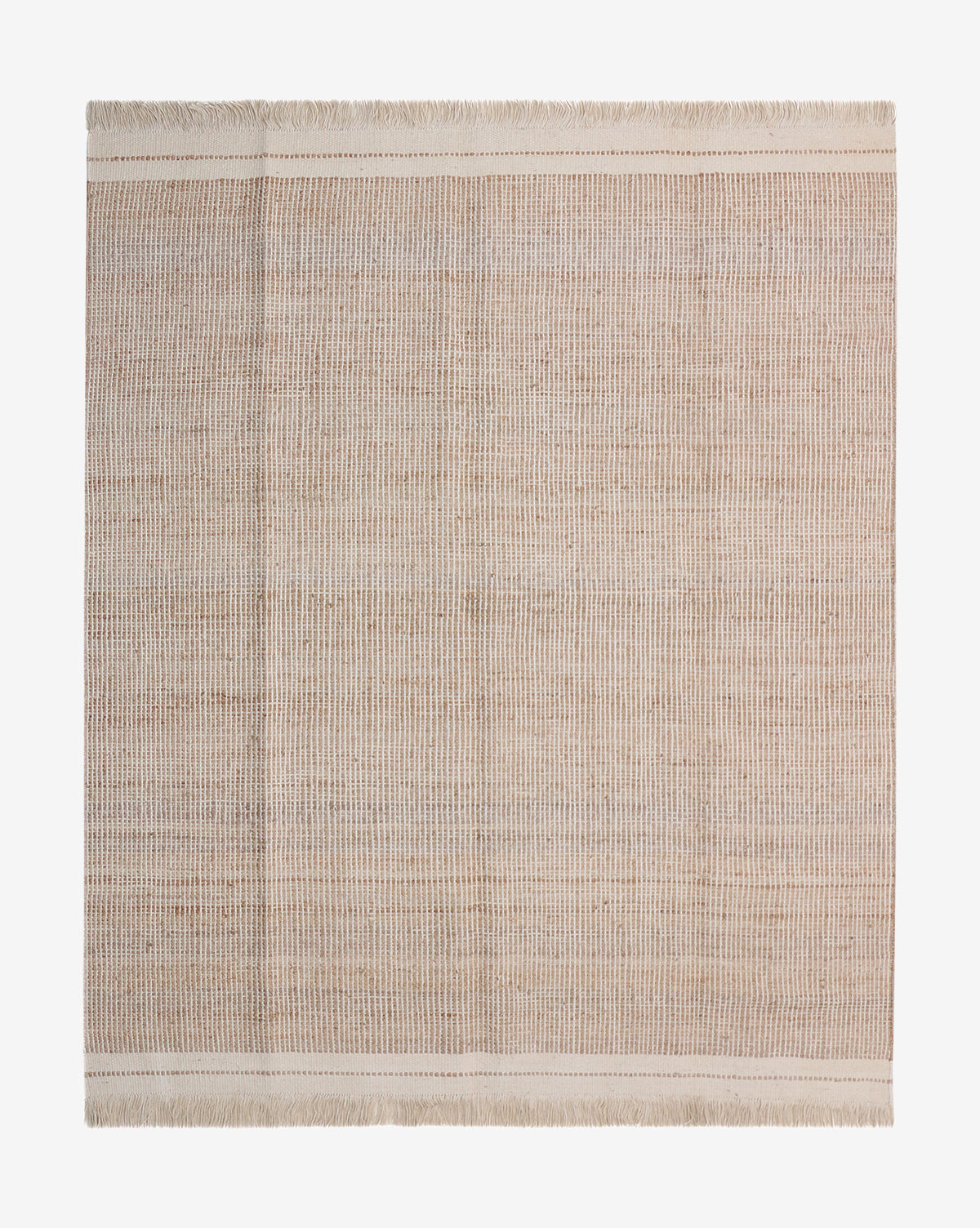 The Girona Cream Handwoven Jute Rug is a rectangular beige jute rug with subtle horizontal and vertical lines, a simple border, and fringe on the short ends, shown laid flat on a white background by McGee & Co.