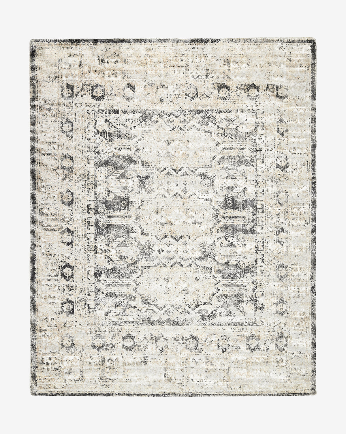 The Selena Hand-Tufted Rug features a distressed vintage pattern in beige, cream, and gray with a faded ornate border and central geometric motifs, by McGee & Co. Crafted from a plush wool and viscose blend for timeless elegance by McGee & Co.