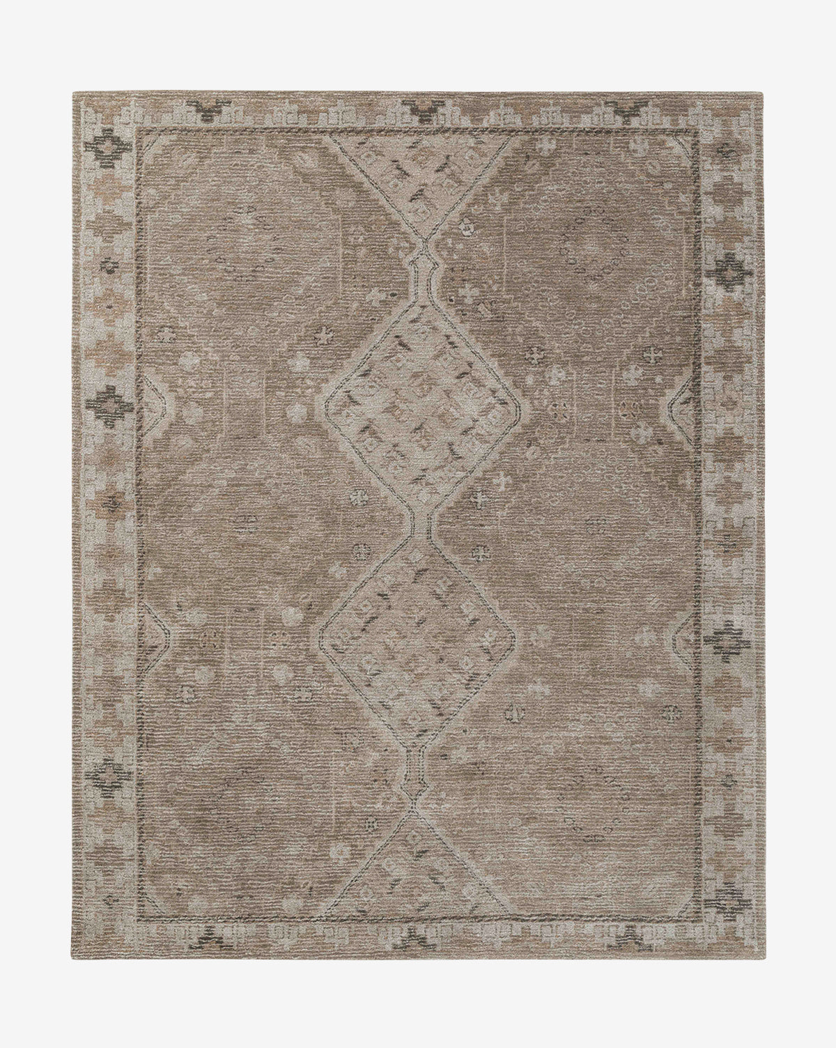The Siyara Hand-Tufted Wool Rug features a rectangular shape, muted beige and brown geometric design with central diamond motifs and a decorative border—an elegant choice for timeless style in any space, by McGee & Co.