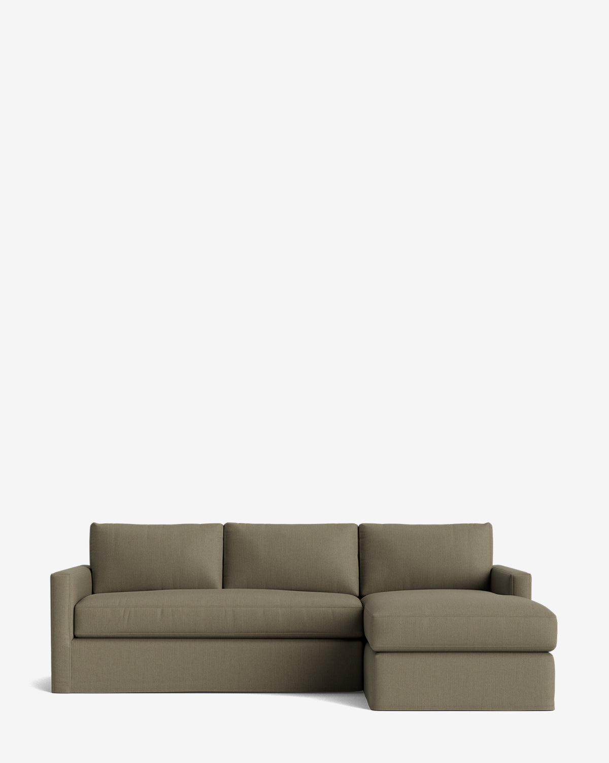 The Macy Slipcover Chaise Sectional 101 is a modern, olive-green customizable sectional with three seat cushions and a right-side extended chaise, shown against a plain white background by McGee & Co.