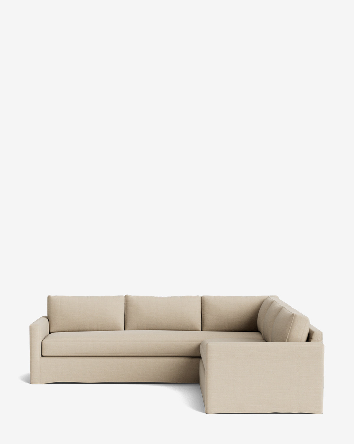 A Macy Slipcover L Sectional 108 in beige, with clean lines and three seat cushions, sits against a white background. The right-side chaise lounge highlights the sectionals deep design and modern style, by McGee & Co.