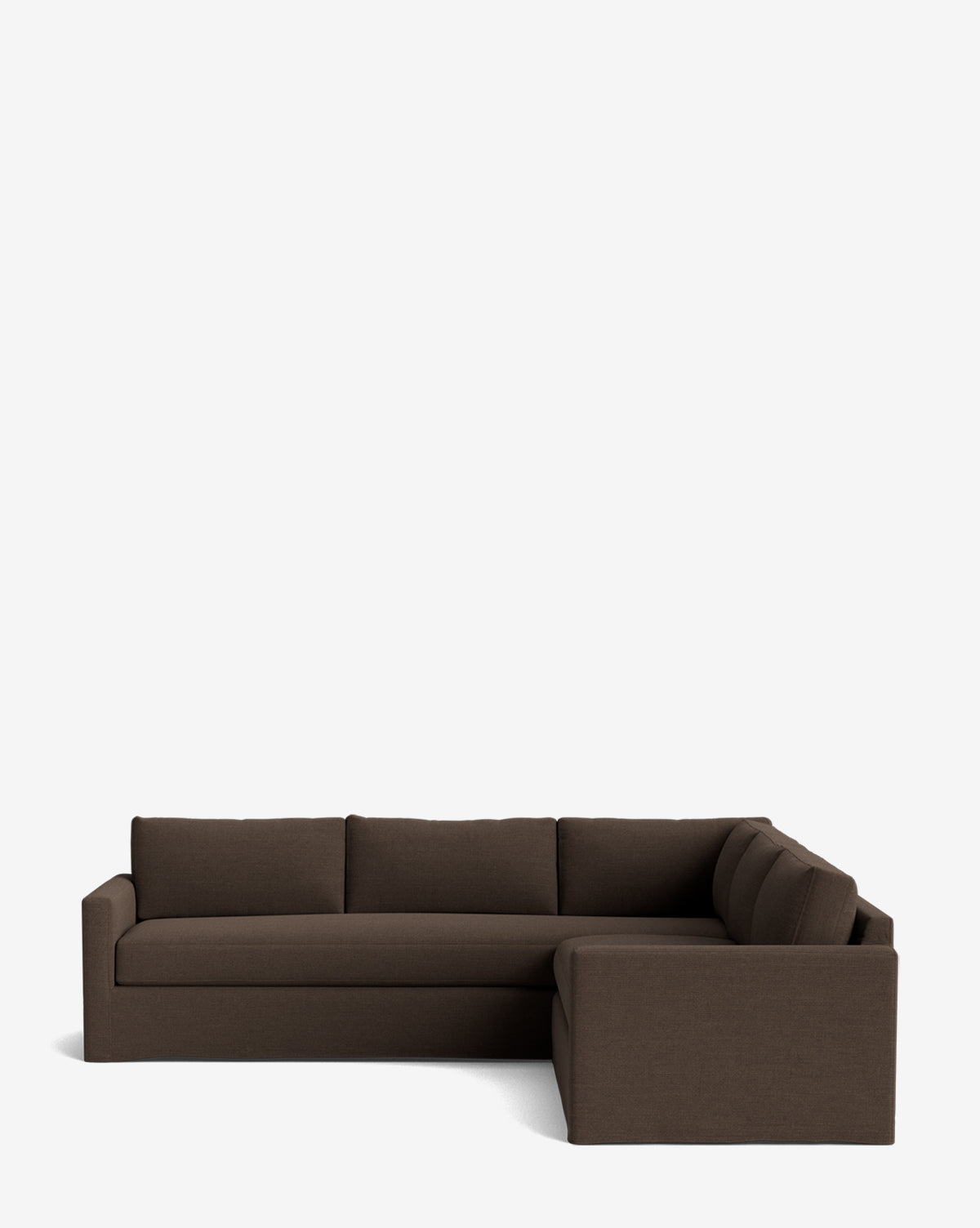 A Macy Slipcover L Sectional 108 in dark brown, featuring clean lines with three seat and three back cushions, showcases a deep sectional design against a plain white background by McGee & Co.