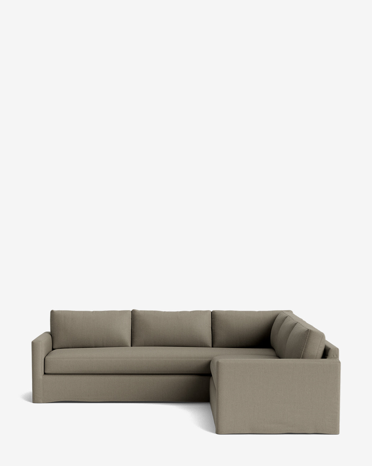 A Macy Slipcover L Sectional 108 in light brown fabric with clean lines, square arms, and deep cushions is set against a plain white background by McGee & Co.