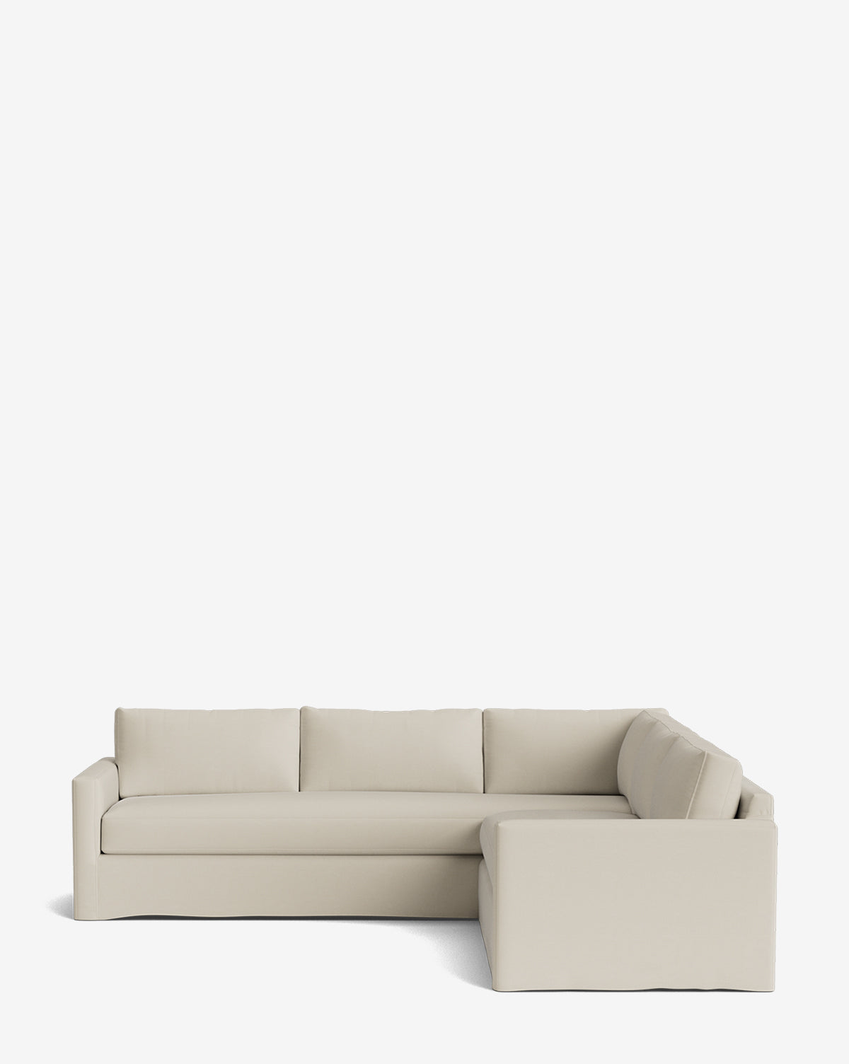 The Macy Slipcover L Sectional 108 features a modern design with three seat cushions in light beige, clean lines, and is shown against a plain white background by McGee & Co.