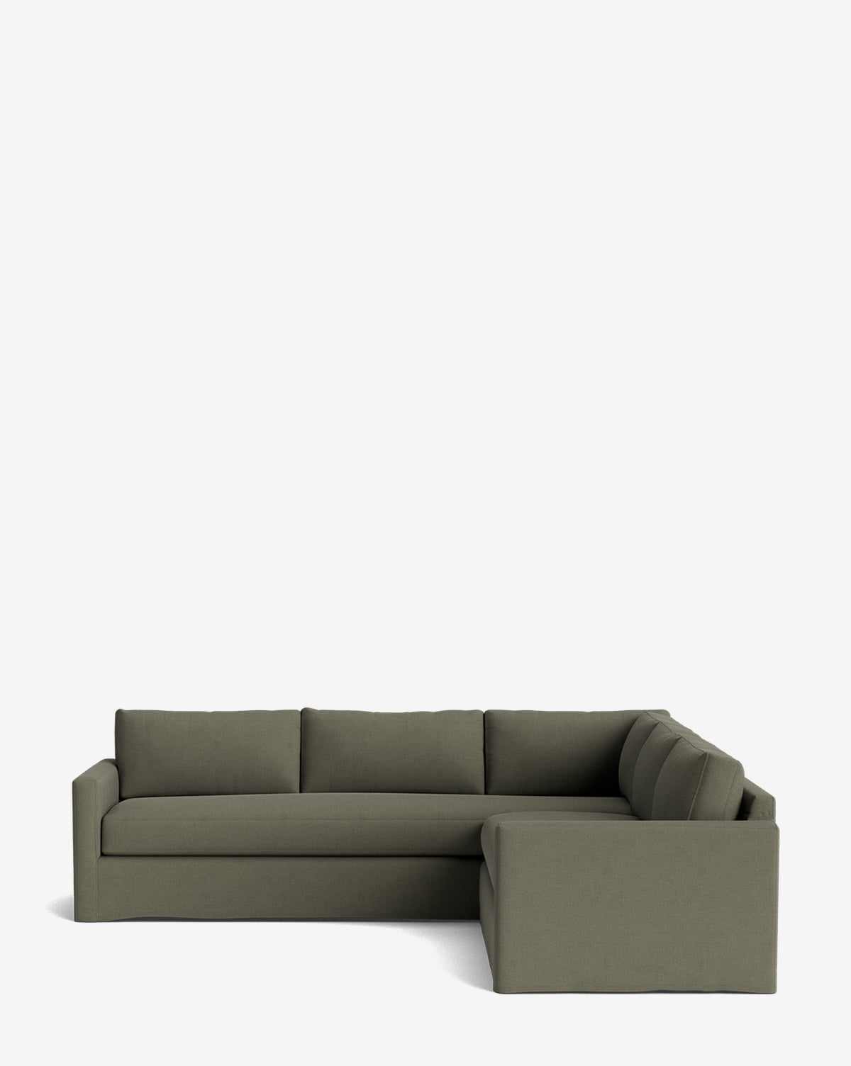The Macy Slipcover L Sectional 108 is a modern, customizable sectional in olive green fabric, featuring deep seats with three cushions on one side and two on the other, displayed against a plain white background for stylish comfort, by McGee & Co.