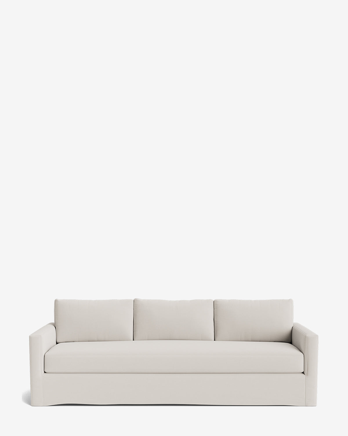 The Macy Slipcover Sofa (84-96) features a modern, light gray design with clean lines, rectangular armrests, and three back cushions, shown against a plain white background by McGee & Co.