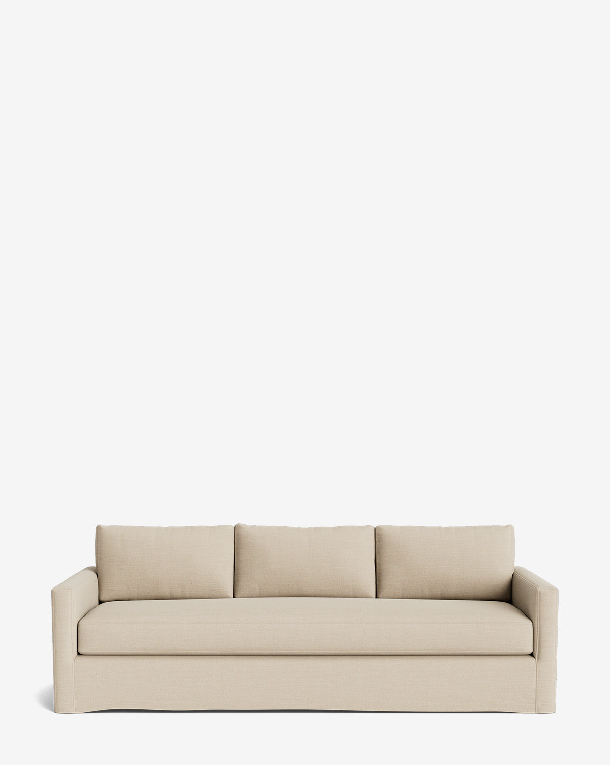 The Macy Slipcover Sofa (84-96) is a modern beige sofa with three seat and back cushions, straight arms, and a minimalist design, shown against a plain white background by McGee & Co.