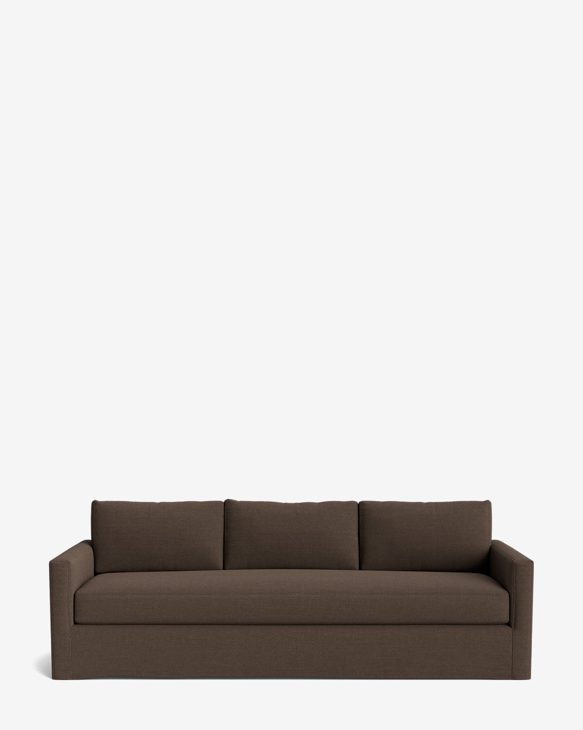 The Macy Slipcover Sofa (84-96) is a modern, deep three-seater with clean lines and dark brown upholstery, featuring three back cushions and wide, flat armrests against a plain white background by McGee & Co.