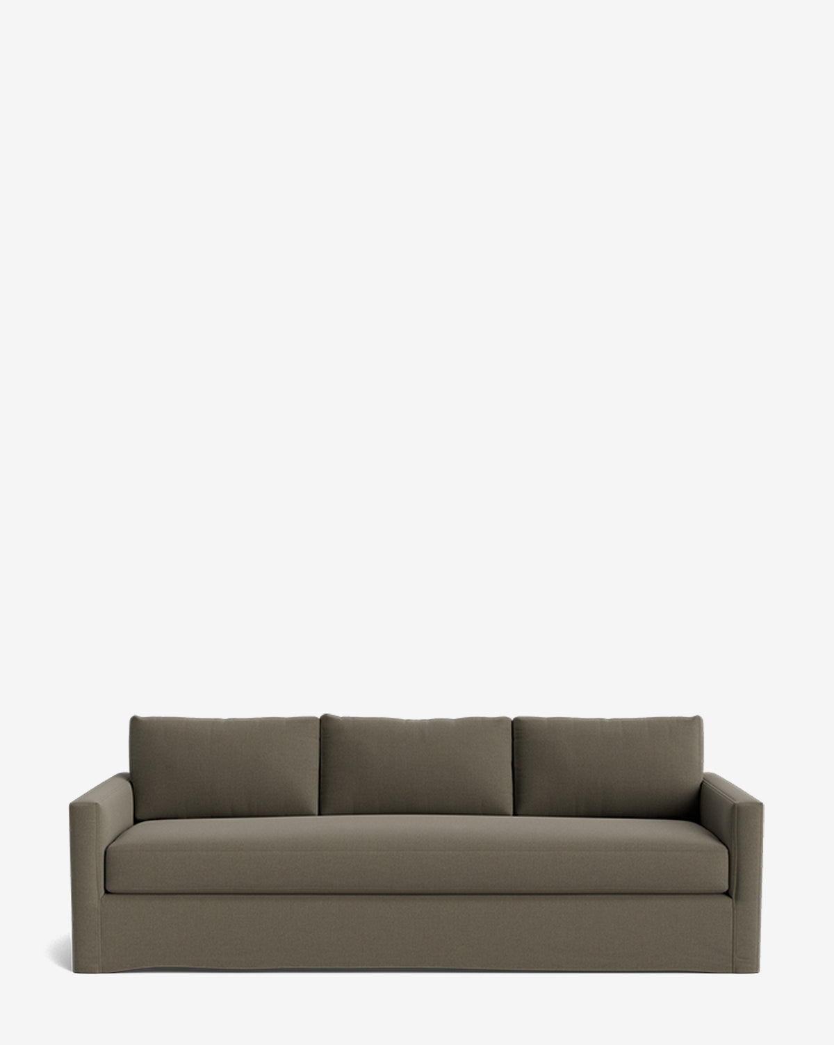 The Macy Slipcover Sofa (84-96) features a modern, minimalist design with deep seating, dark olive green upholstery, three back cushions, and straight armrests, displayed against a plain white background by McGee & Co.