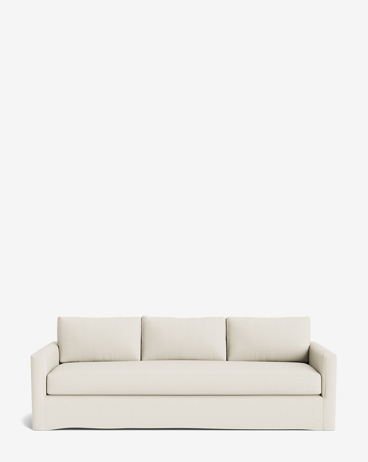 The Macy Slipcover Sofa (84-96) features a modern, minimalist cream design with straight arms and three seat cushions, shown against a plain white background, by McGee & Co.