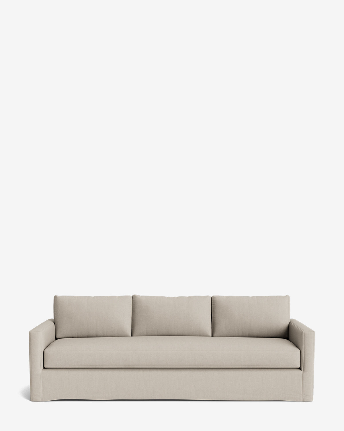 The Macy Slipcover Sofa (84-96) is a modern light beige sofa with three seat and back cushions, straight padded arms, and a minimalist design, shown against a plain white background, by McGee & Co.