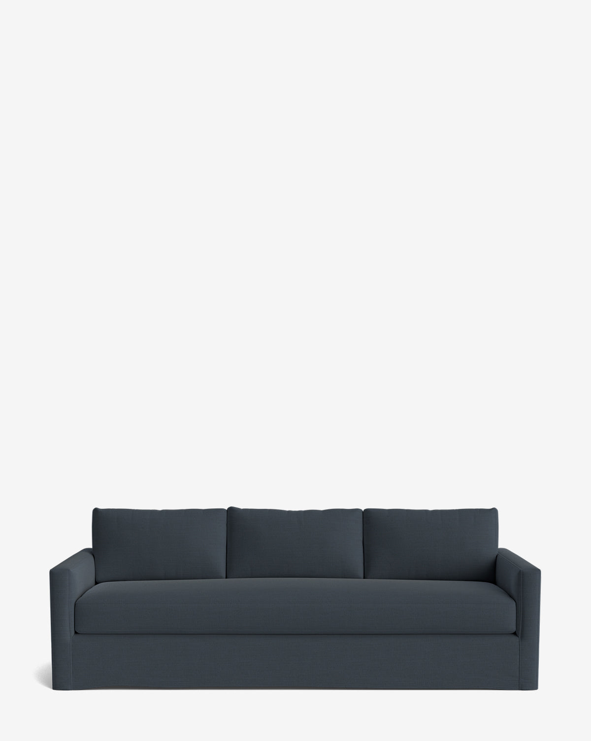 The Macy Slipcover Sofa (84-96) features a modern design in dark blue, with square arms and three back cushions, displayed against a plain white background, by McGee & Co.