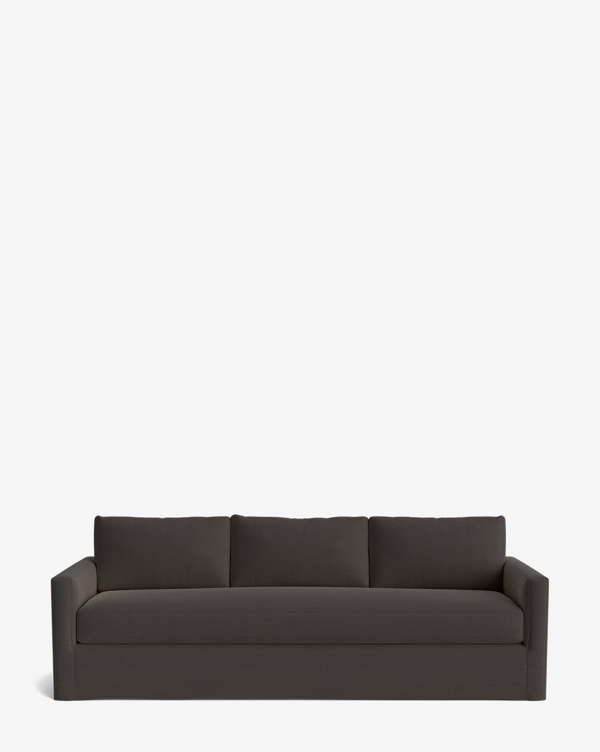 The Macy Slipcover Sofa (84-96) is a modern, dark gray deep sofa with straight arms and three back cushions, displayed against a plain white background, by McGee & Co.