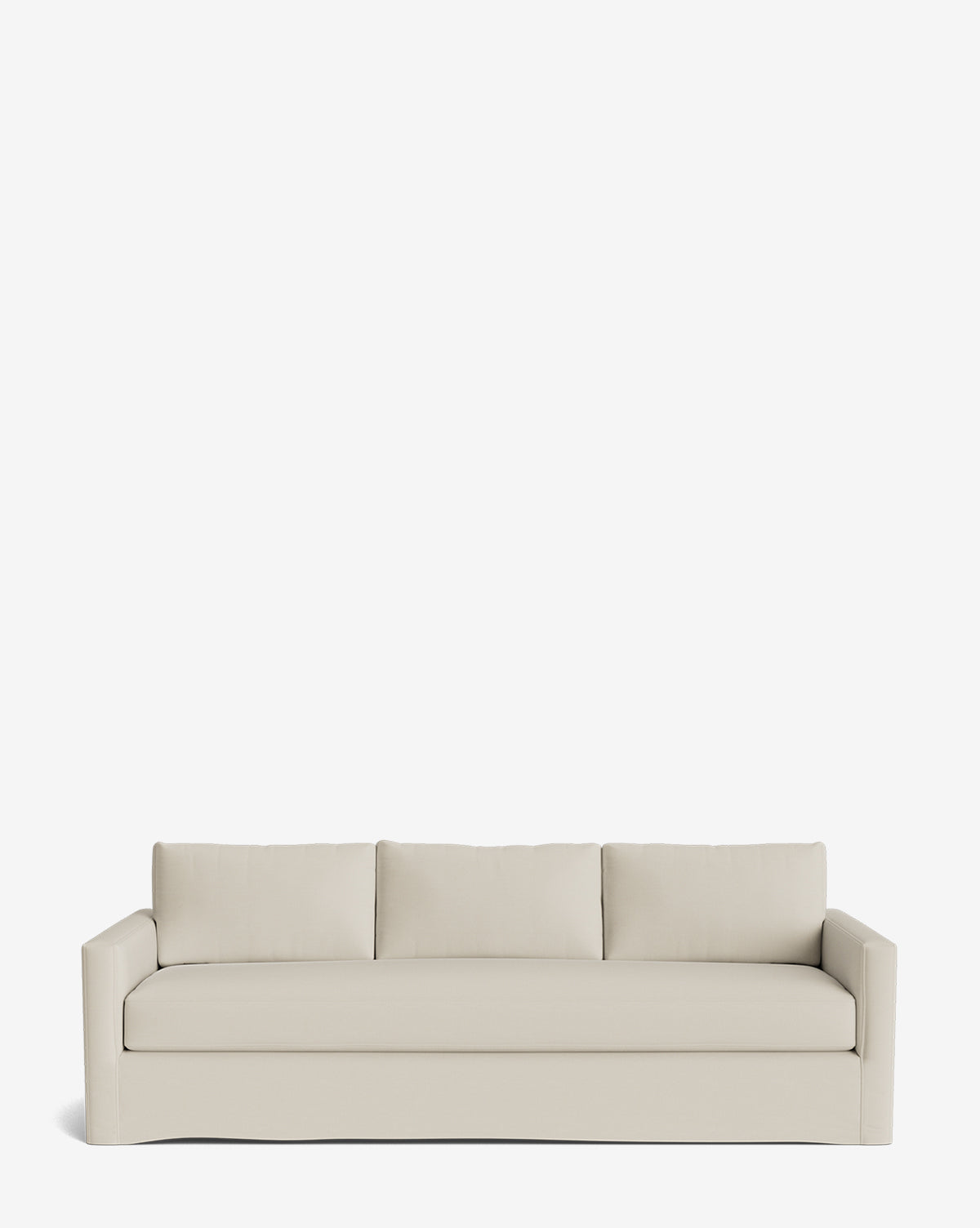 The Macy Slipcover Sofa (84-96) features a modern design in light beige with three seat cushions and straight armrests, shown against a plain white background by McGee & Co.