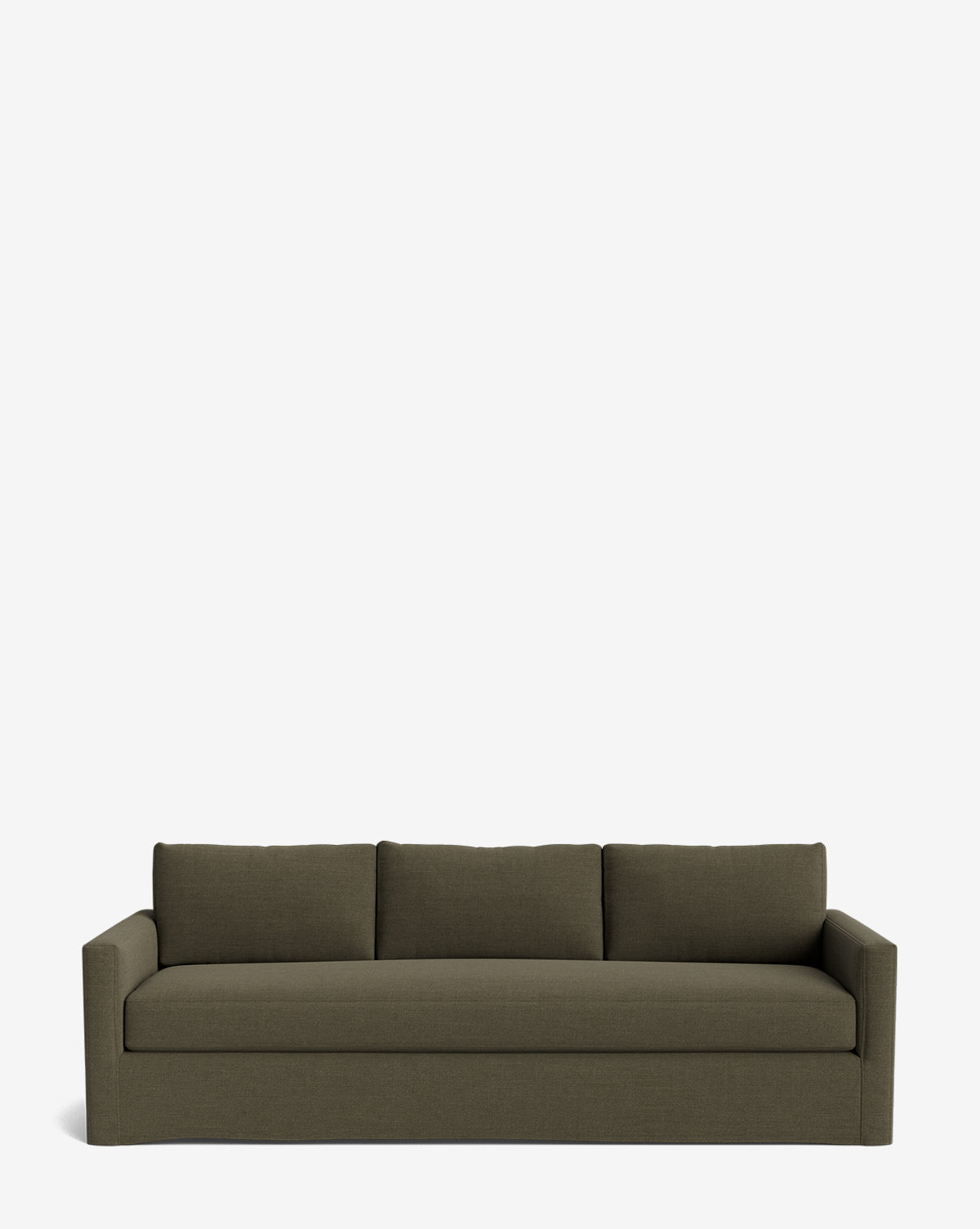 The Macy Slipcover Sofa (84-96) is a modern, olive green customizable sofa with three seat and back cushions, straight arms, and a minimalist design, shown against a plain white background by McGee & Co.