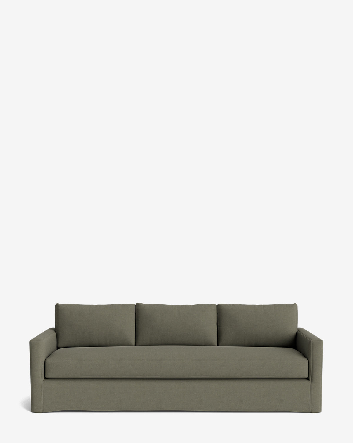 The Macy Slipcover Sofa (84-96) is a modern, olive green deep sofa with three seat and back cushions, straight arms, and a minimalist design, shown against a plain white background by McGee & Co.