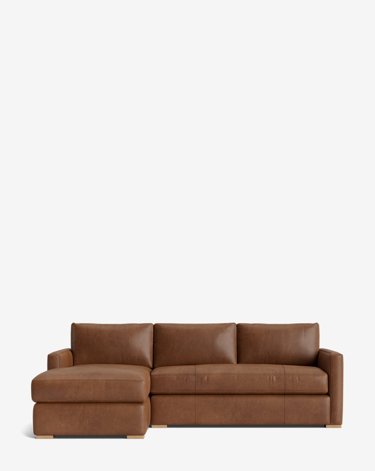 The Macy Upholstered Chaise Sectional 101 features a modern brown leather design with a left-side chaise, three seat cushions, and matching backrests—ideal as a customizable living room centerpiece, by McGee & Co. Shown on a plain white background.