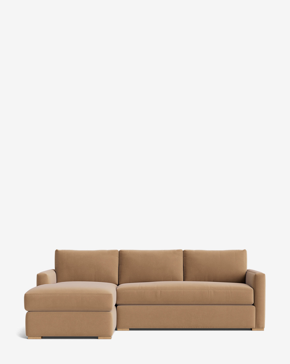 The Macy Upholstered Chaise Sectional 101 features a modern design with a left-side lounge, three back cushions, and clean, straight lines, shown against a plain white background by McGee & Co.