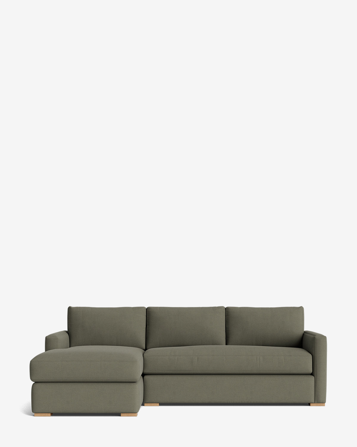 The Macy Upholstered Chaise Sectional 101 features modern olive green upholstery, a left-facing lounge, three back cushions, and wooden block feet—ideal for your living room—shown against a plain white background by McGee & Co.