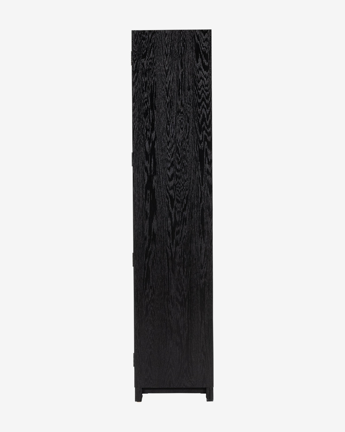 Tall, black Maddox Bookcase shown from the side, featuring a flat surface and visible wood grain texture, set against a plain white background, by McGee & Co.