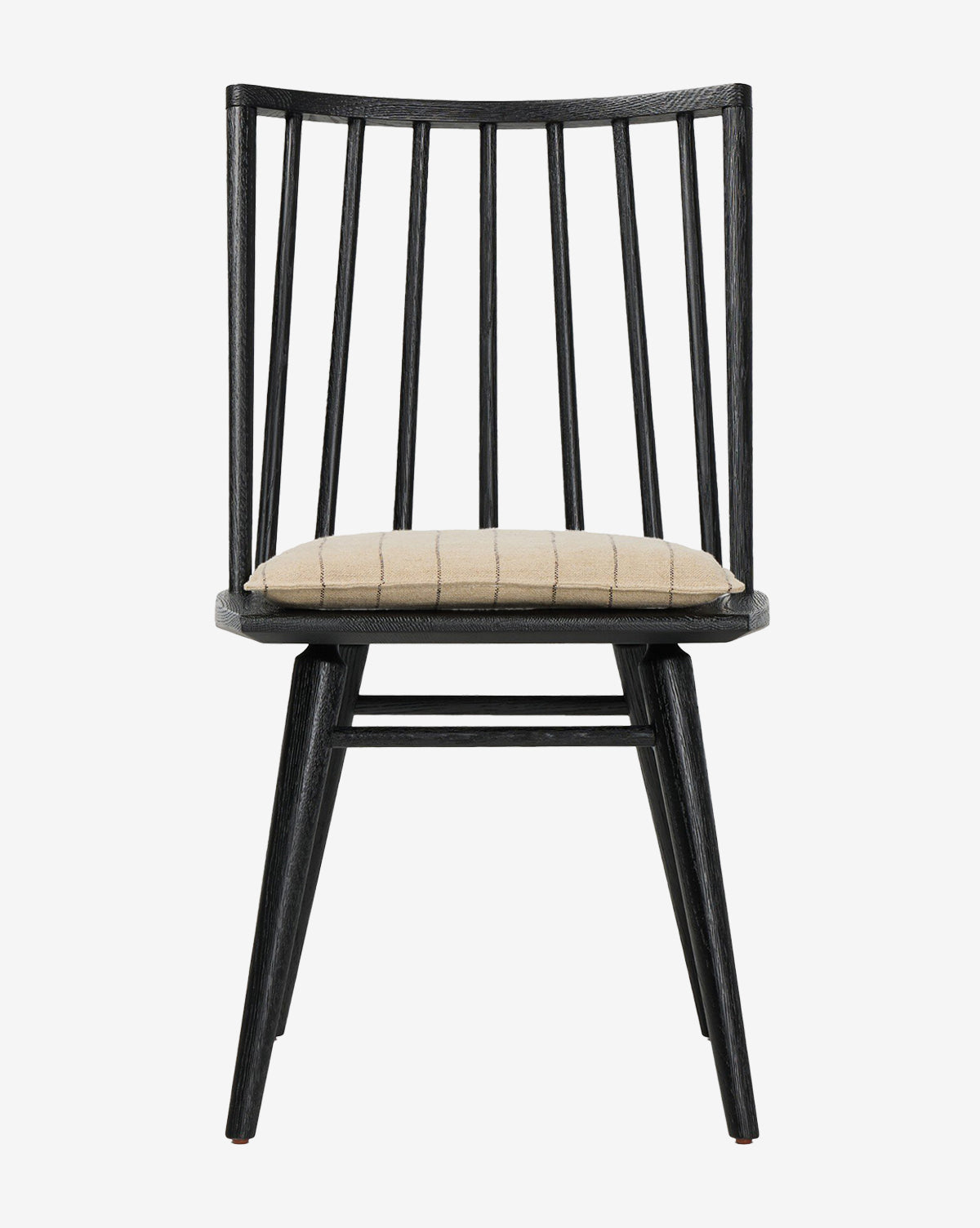 The Madison Dining Chair, shown from the front against a white background, features contemporary black wooden vertical slats on the backrest and a beige cushioned seat, by McGee & Co.