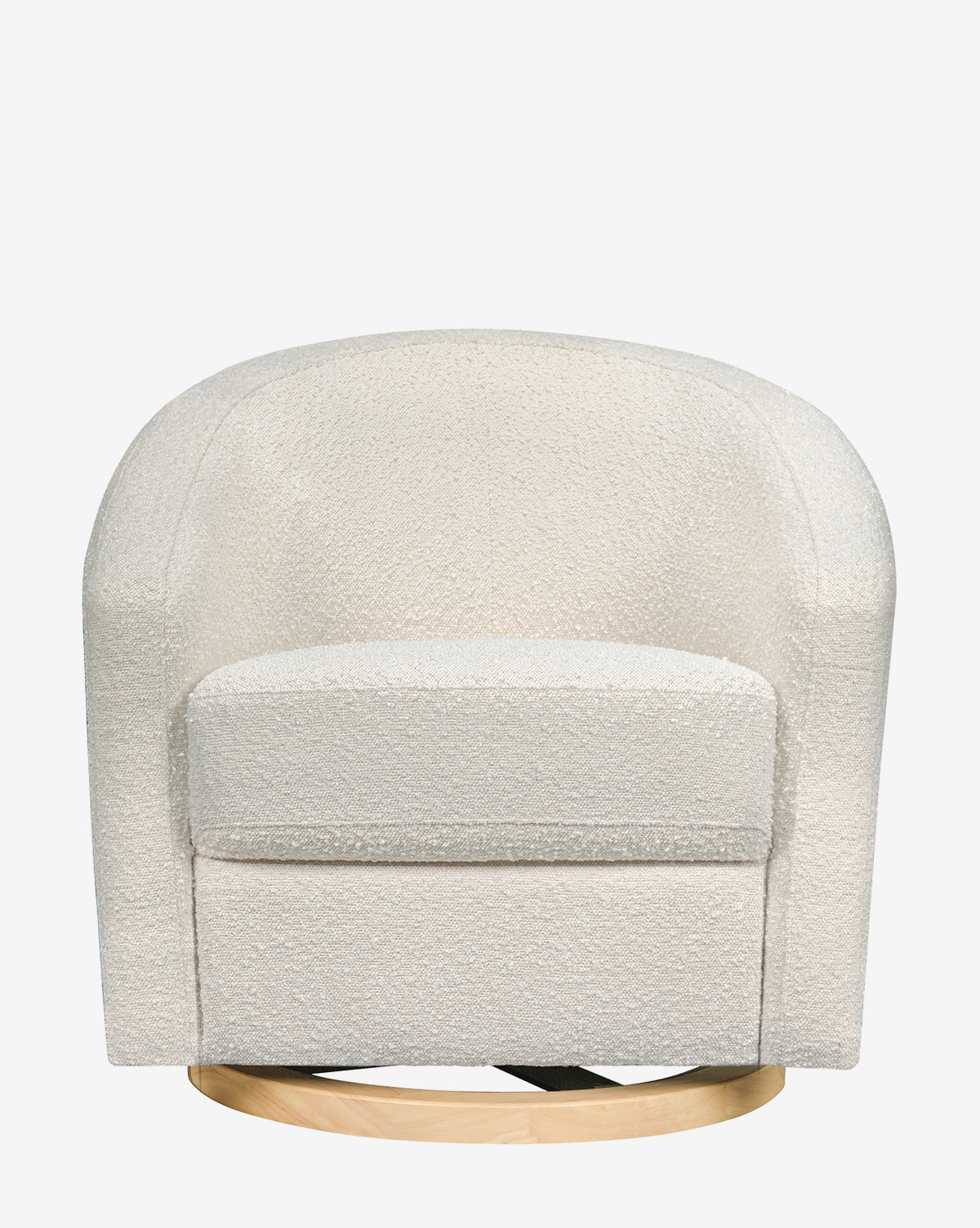 The Madison Swivel Glider is a modern nursery chair with a rounded design, cream boucle upholstery, a thick seat cushion, and a light wooden circular swivel base, displayed against a plain white background by McGee & Co.
