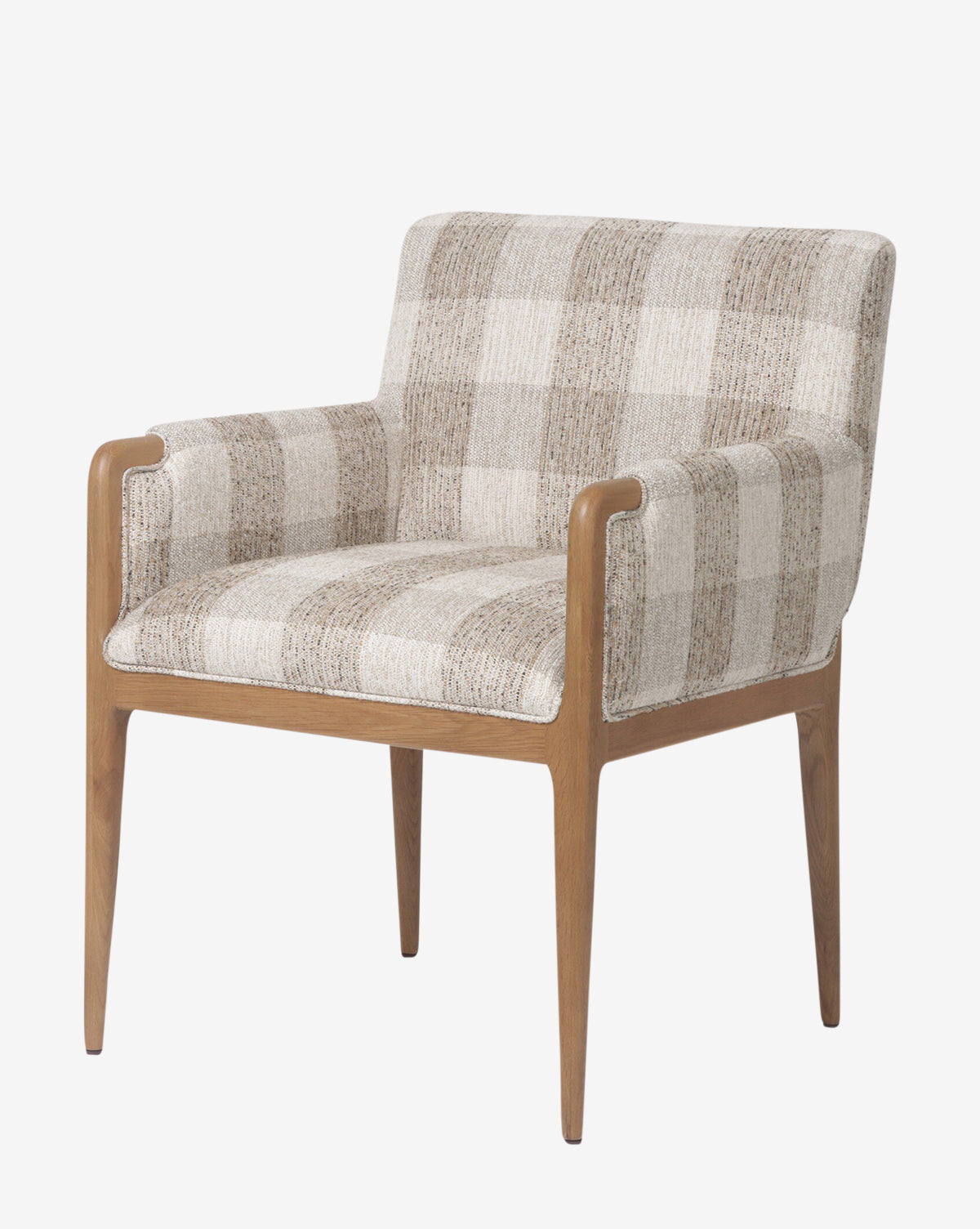 The Maebh Dining Chair features a light wood frame and legs with beige and light brown plaid upholstery. Its cushioned seat, back, and armrests combine timeless style with ultimate comfort for any modern space, by McGee & Co.