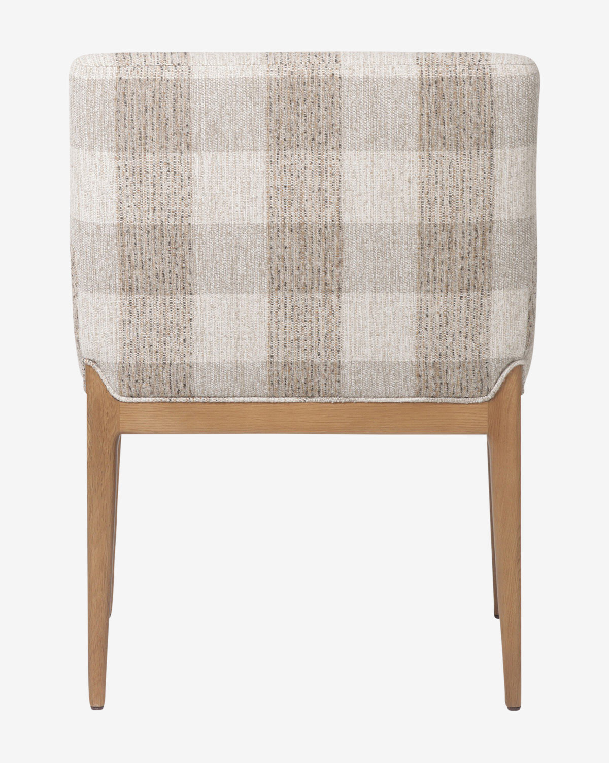 The Maebh Dining Chair features beige and light brown plaid upholstery, simple wooden legs, and a modern design for timeless style, as seen from the back, by McGee & Co.