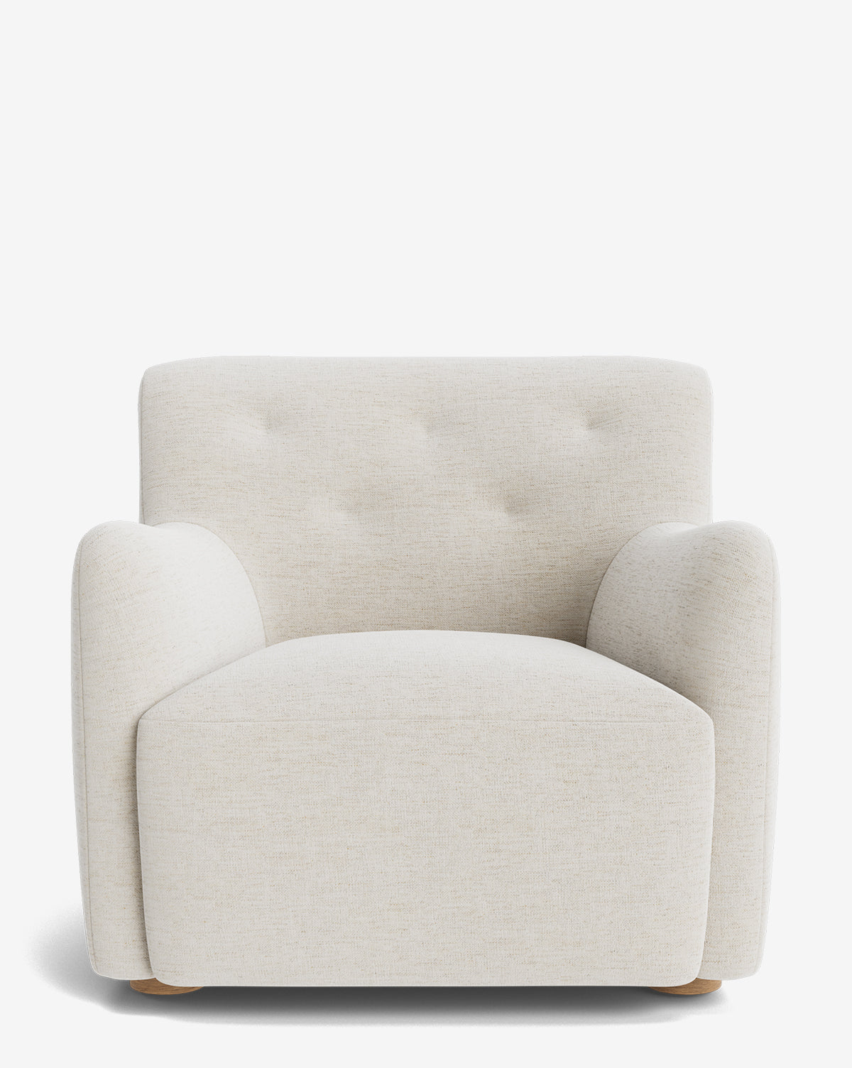 The Magda Lounge Chair features light beige designer upholstery, a tufted backrest, rounded armrests, and small wooden feet on a white oak frame, by McGee & Co. Its minimalist design stands out against a plain white background.