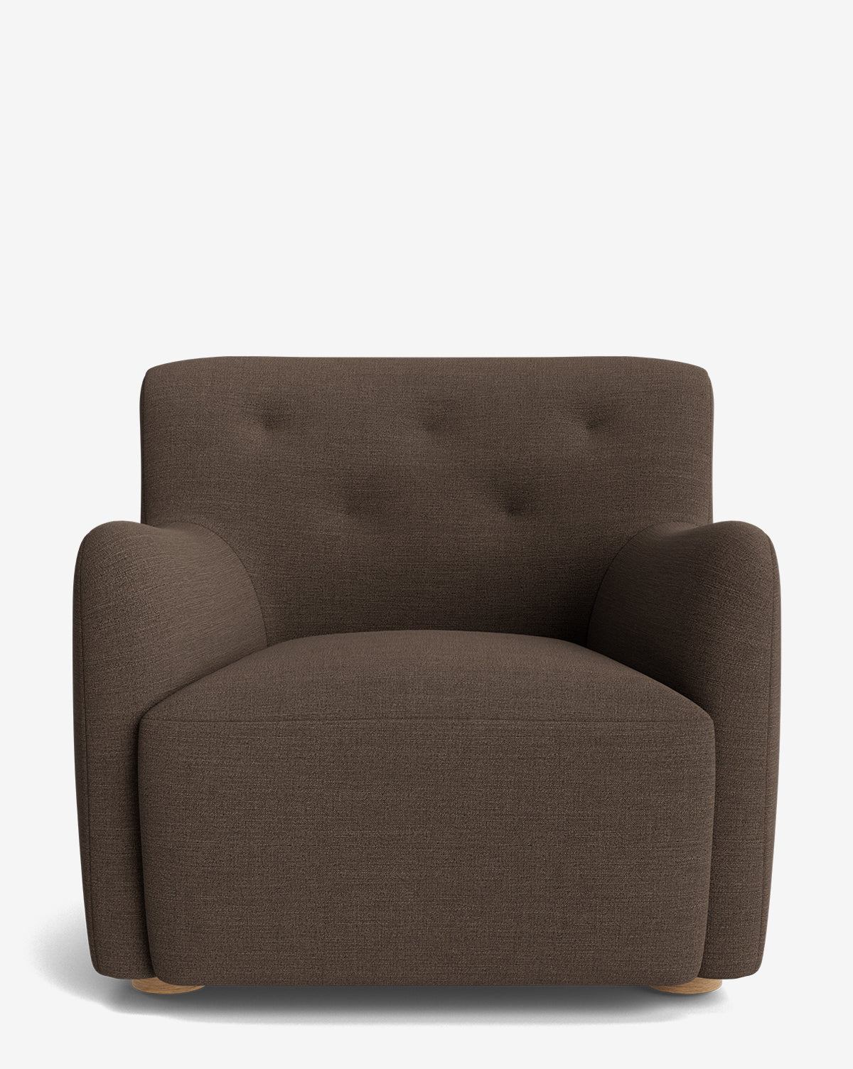 The Magda Lounge Chair is a wide, modern seat with dark brown tufted upholstery, rounded arms, and wooden legs, shown from the front against a plain white background by McGee & Co.