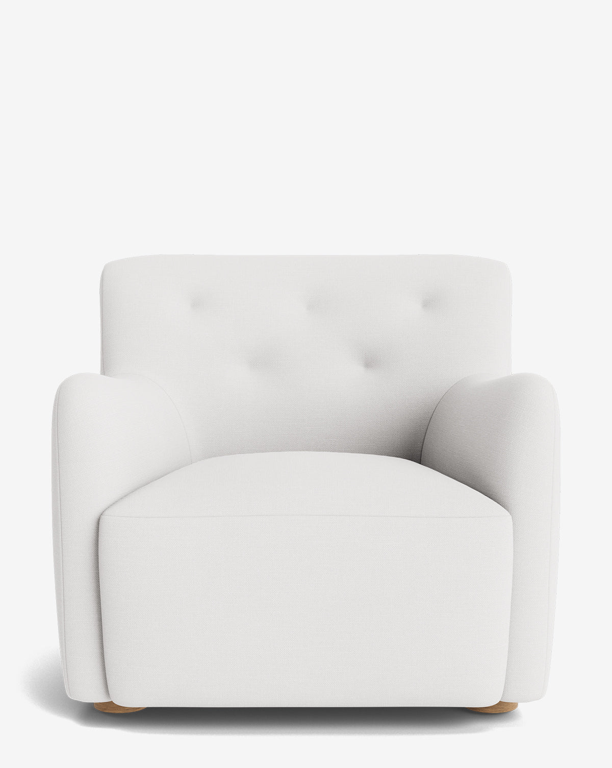 The Magda Lounge Chair is a modern, oversized seat upholstered in white fabric, featuring rounded arms, a wide seat, three button-tufted accents on the backrest, and small wooden feet, by McGee & Co.
