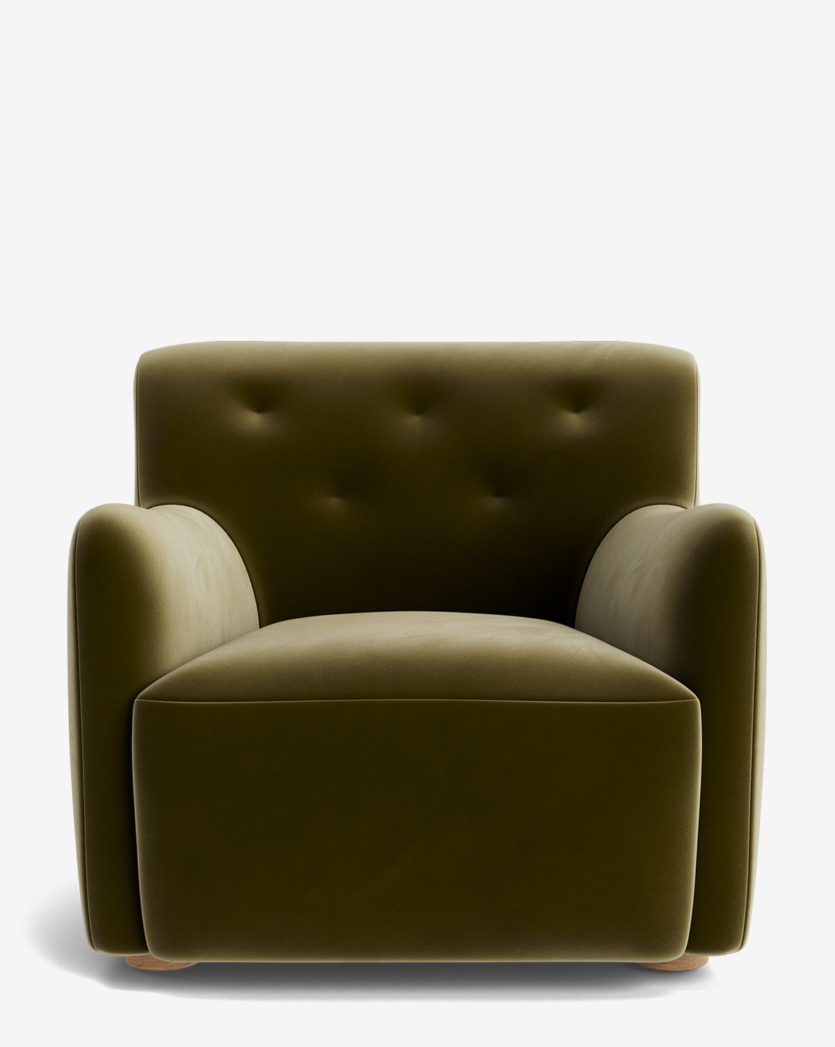 The Magda Lounge Chair is a modern olive green piece with rounded arms, a wide cushioned seat, and a tufted backrest. It features designer upholstery and is shown against a plain white background by McGee & Co.
