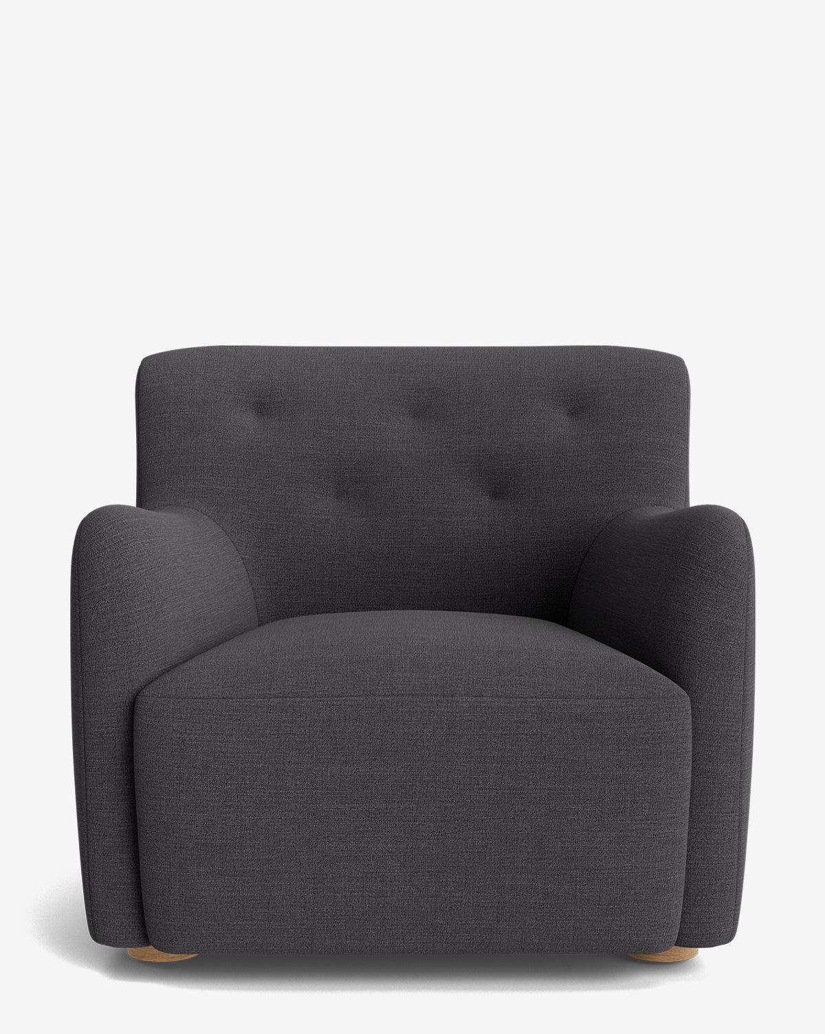 The Magda Lounge Chair features dark gray designer upholstery, rounded arms, a wide seat, button-tufted backrest, and small wooden feet, all set against a plain white background by McGee & Co.