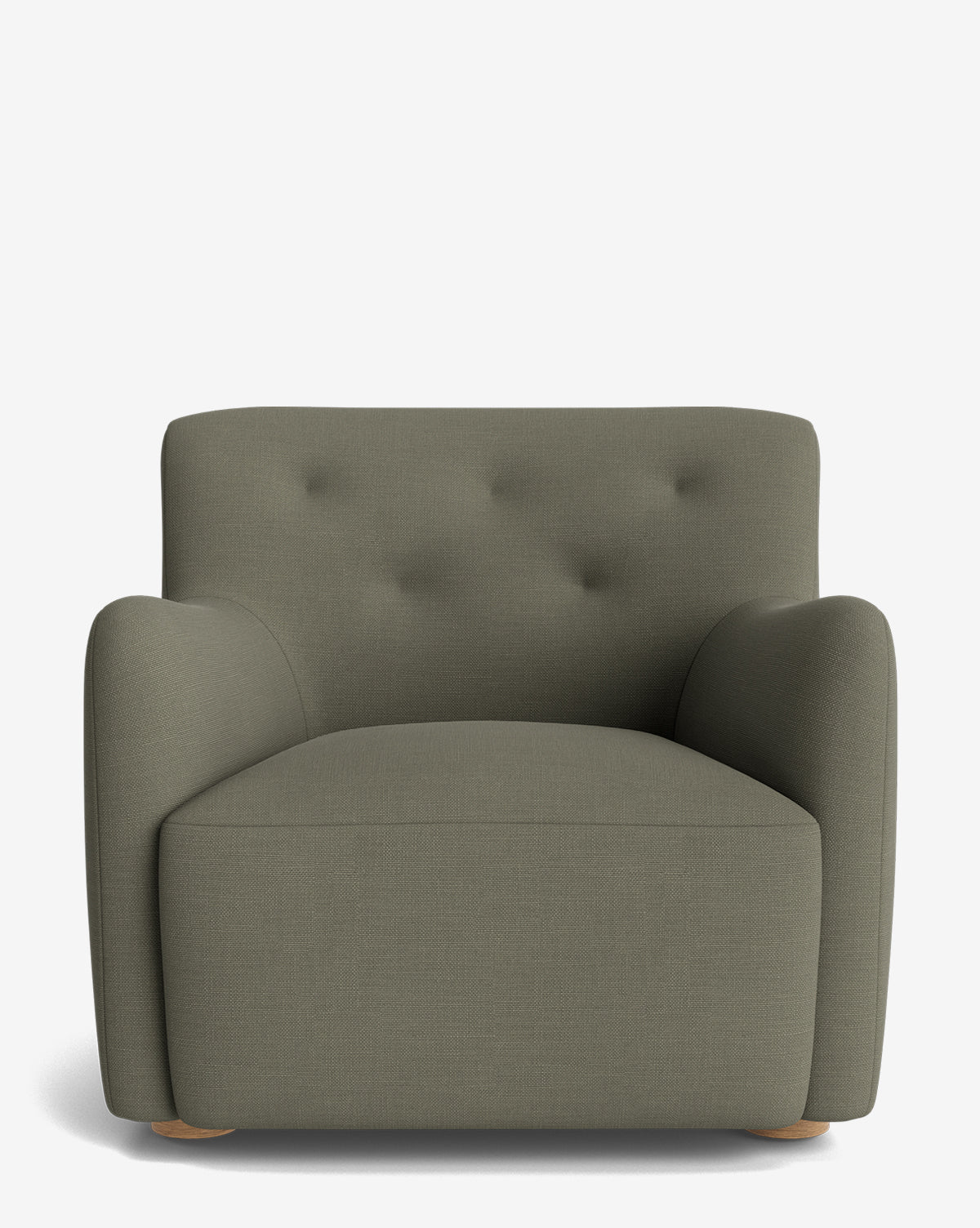 The Magda Lounge Chair, a modern oversized seat in olive green designer fabric with tufted backrest, rounded armrests, and short wooden feet, is displayed against a plain white background by McGee & Co.
